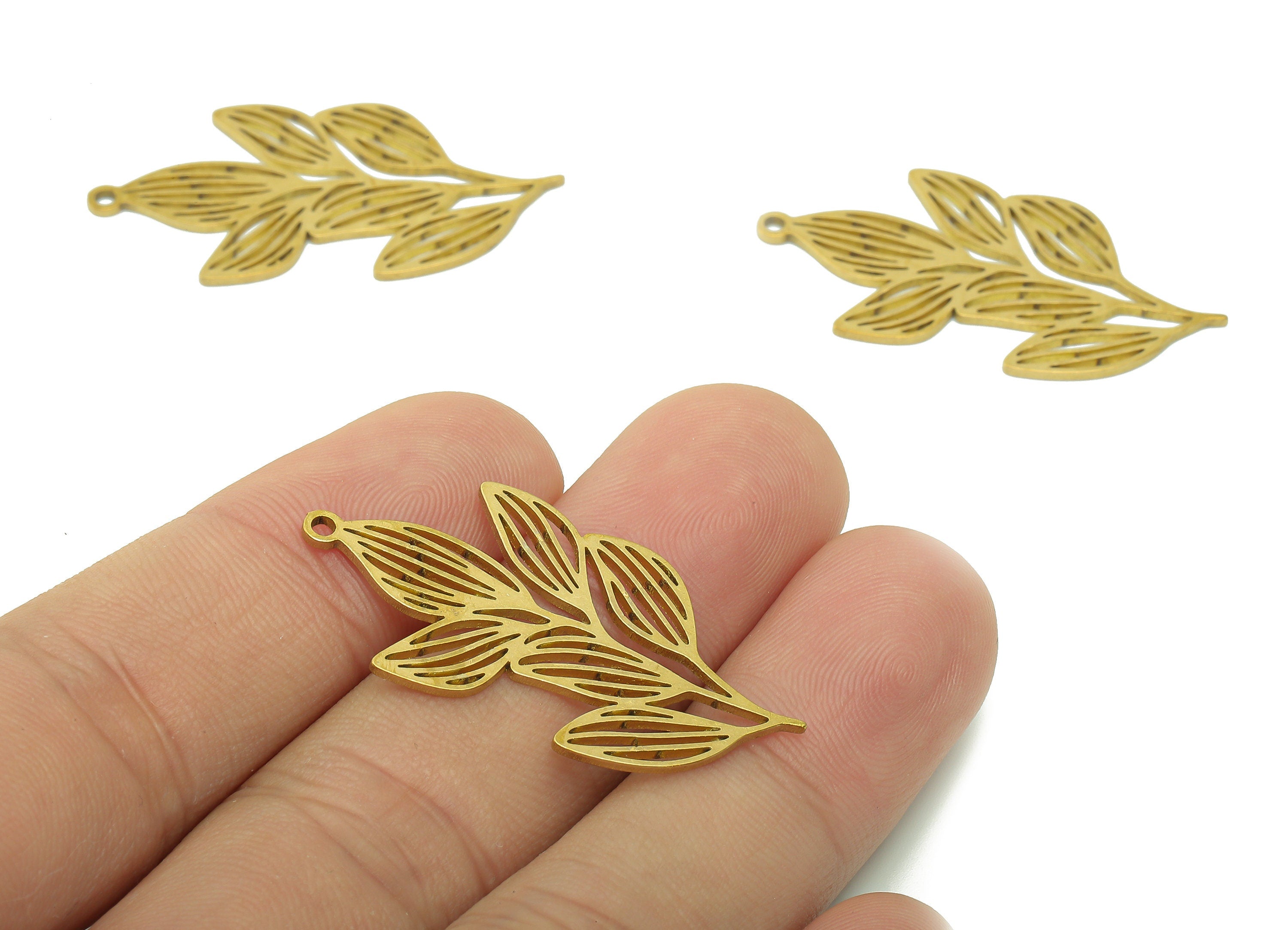 Brass Leaves Earring Charms - Raw Brass Plant Cutout Earring - Botanical Pendant With Loop - Leaf For Necklace - 37.7x19.3x0.9mm - PPA6219 - DOMEDBAZAAR