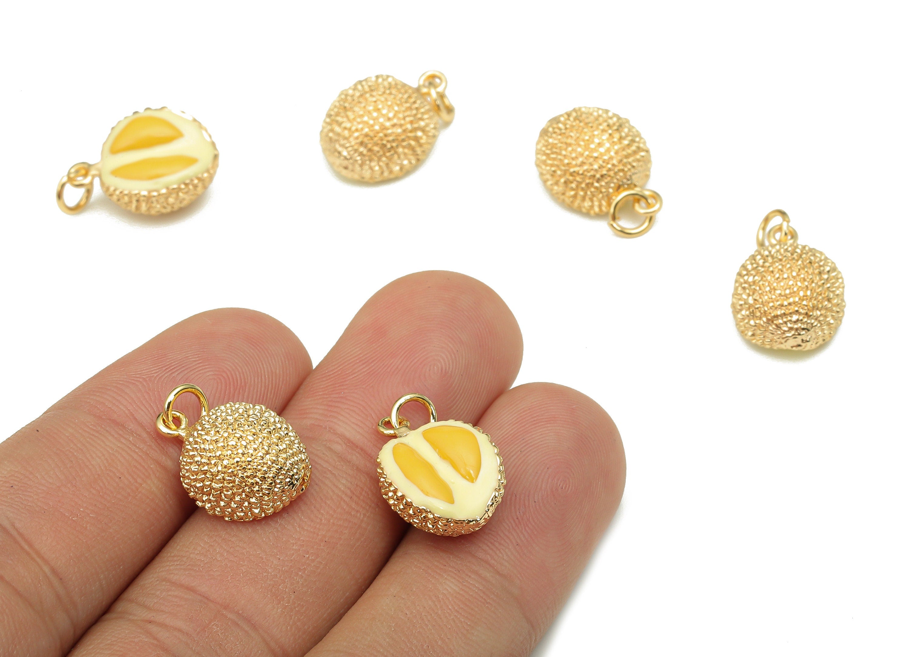 Brass Durian Earring Charm - Enamel Yellow Mini Fruit Charm - Fruit Pendant With Loop - 18K Real Gold Plating - 16.3x11.6x7.6mm - RGP5324 - DOMEDBAZAAR