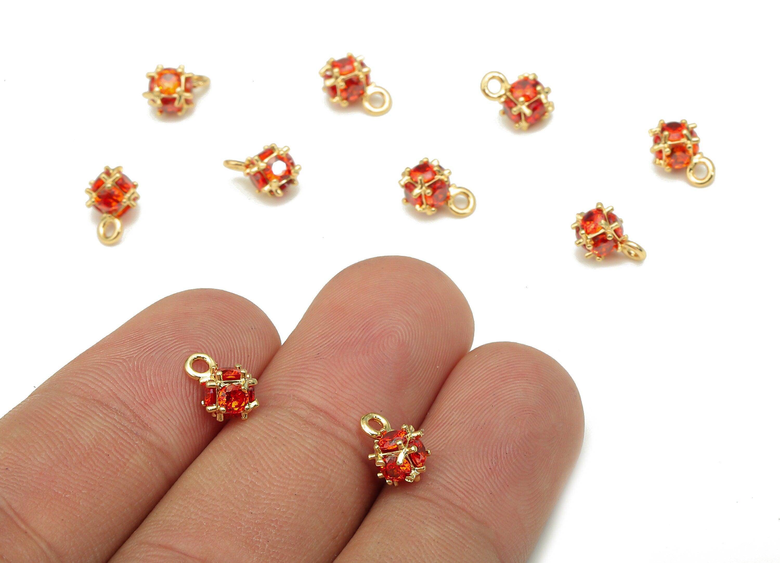 Brass Mini Cube Earring Charm - Earring With Red Zircon - Cube Pendant With Loop - Fruit Charm - 18K Real Gold Plating - 9x6x6mm - RGP5313 - DOMEDBAZAAR