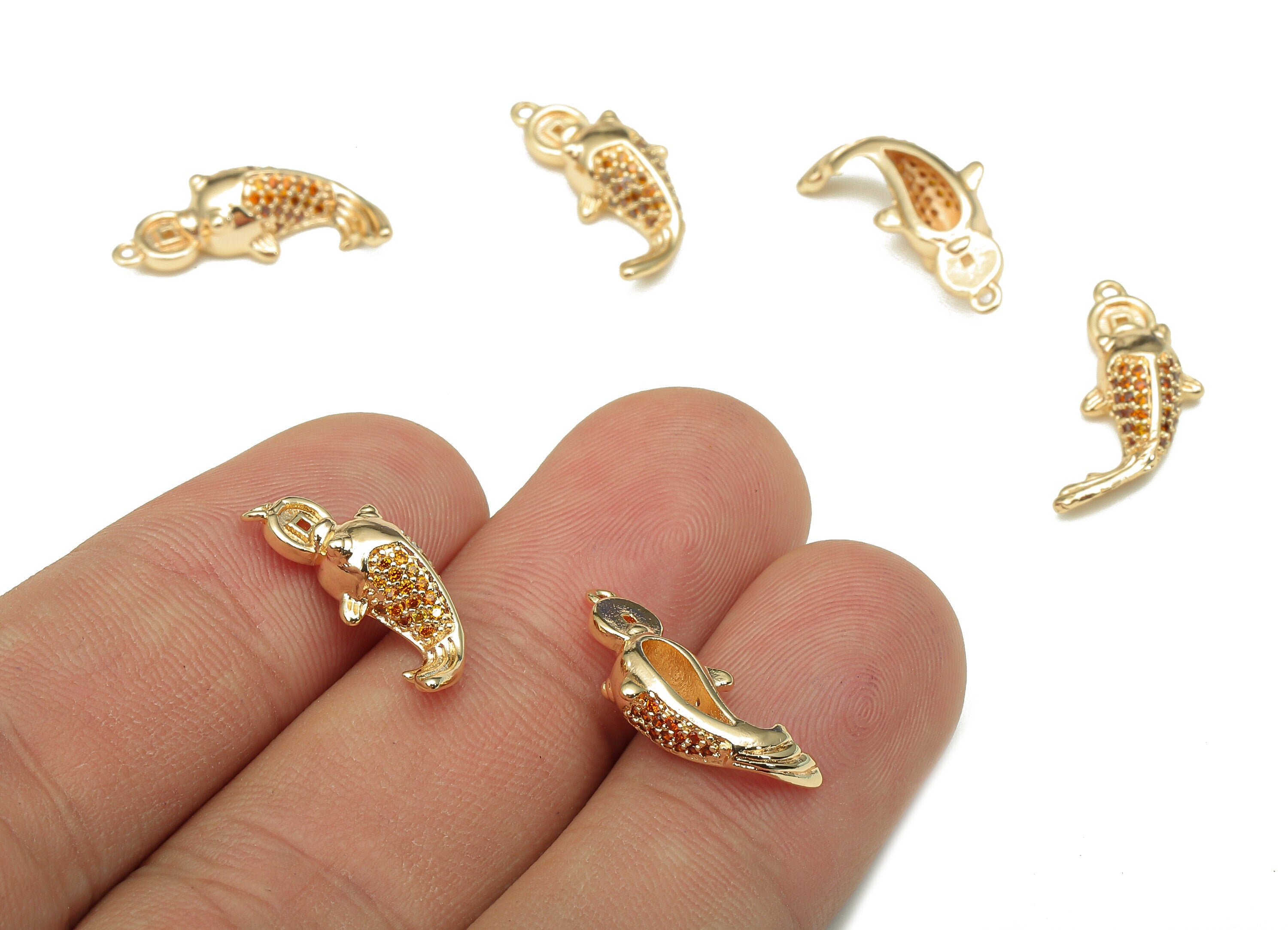 Brass Dot Fish Pendant - Zircon Spot Goldfish Earring - Charm With Loop - For Necklace - 18K Real Gold Plating - 18.5x8.2x4.9mm - RGP5328 - DOMEDBAZAAR