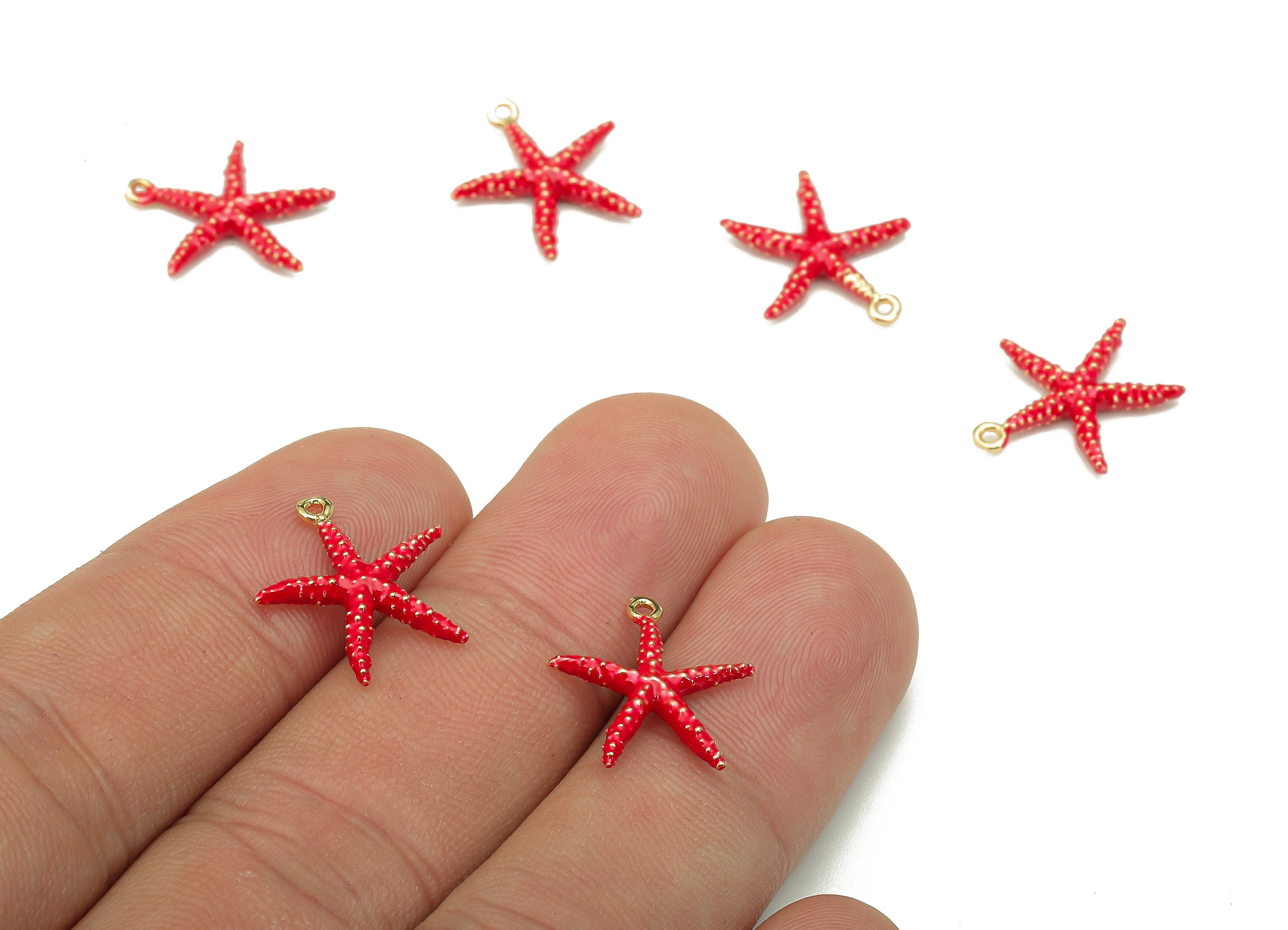Brass Dot Red Starfish Pendant - Enamel Spot Starfish Earring - Charm With Loop - 18K Real Gold Plating - 15.8x14.5x2.5mm - RGP5325 - DOMEDBAZAAR