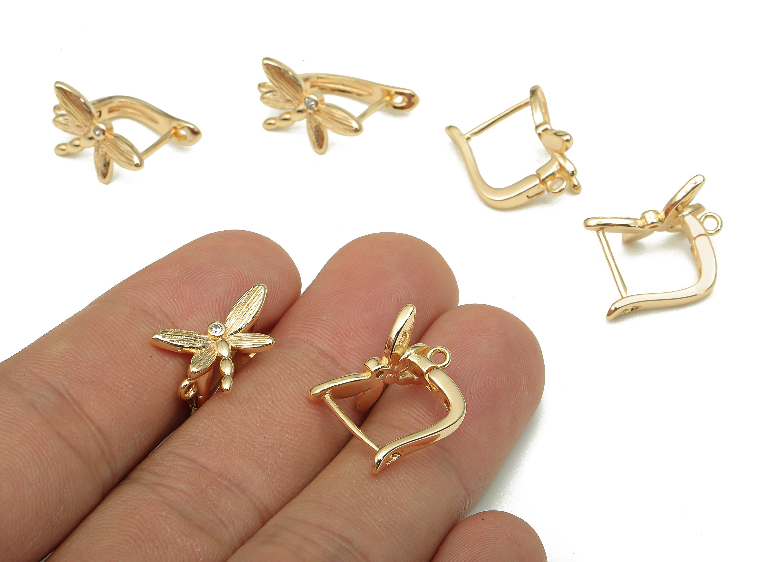 Brass Dragonfly Earring Clasps - Gold Huggie Earring With Zircon - Earring With loop - 18K Real Gold Plating - 19.1x12.1x1.8mm - RGP5320 - DOMEDBAZAAR