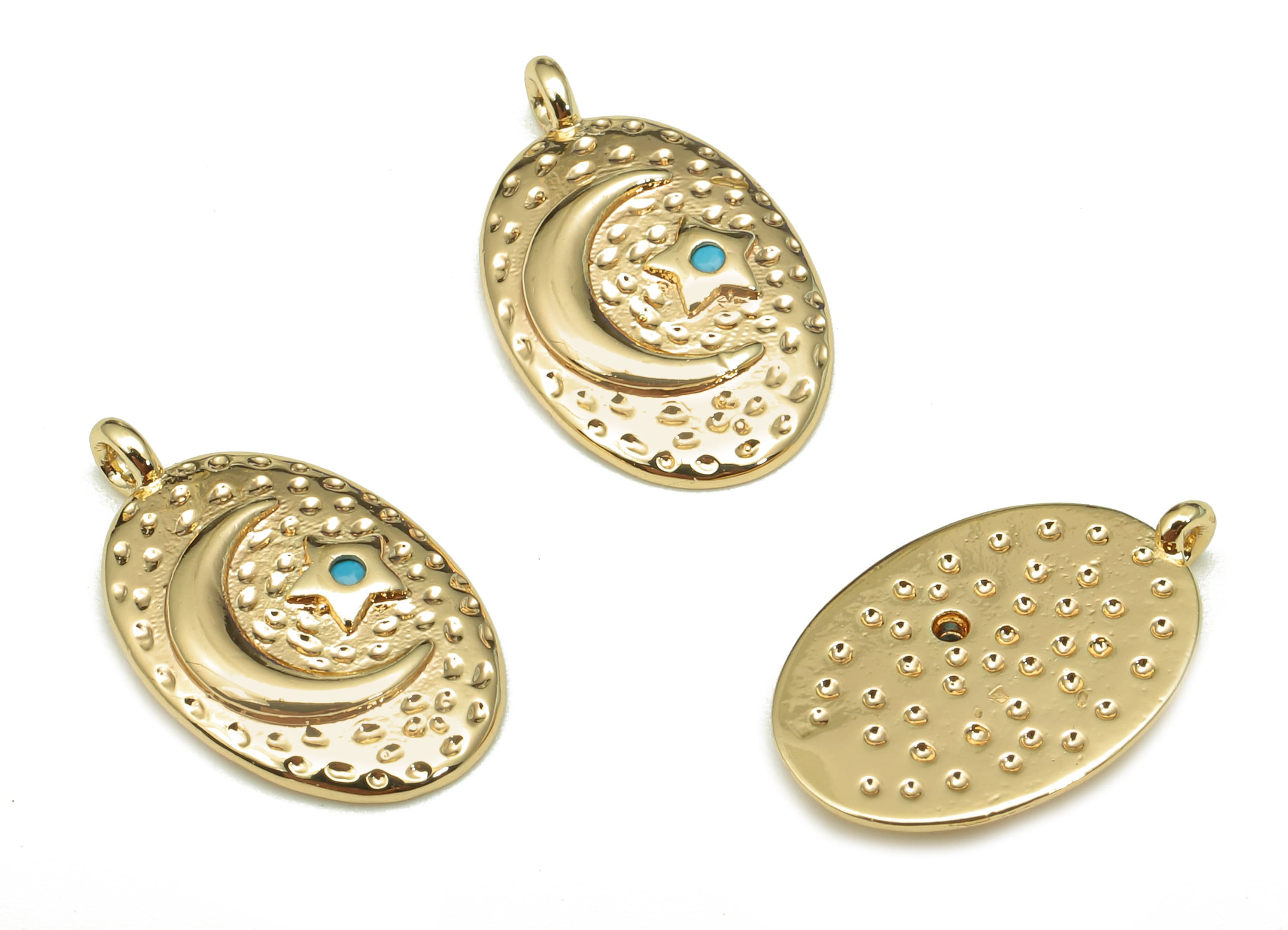Brass Hammered Moon Star Earring - Zircon Dot Textured Oval Charm - Crescent Pendant With Loop -18K Real Gold Plating-15.8x9.5x1.8mm-RGP5314 - DOMEDBAZAAR