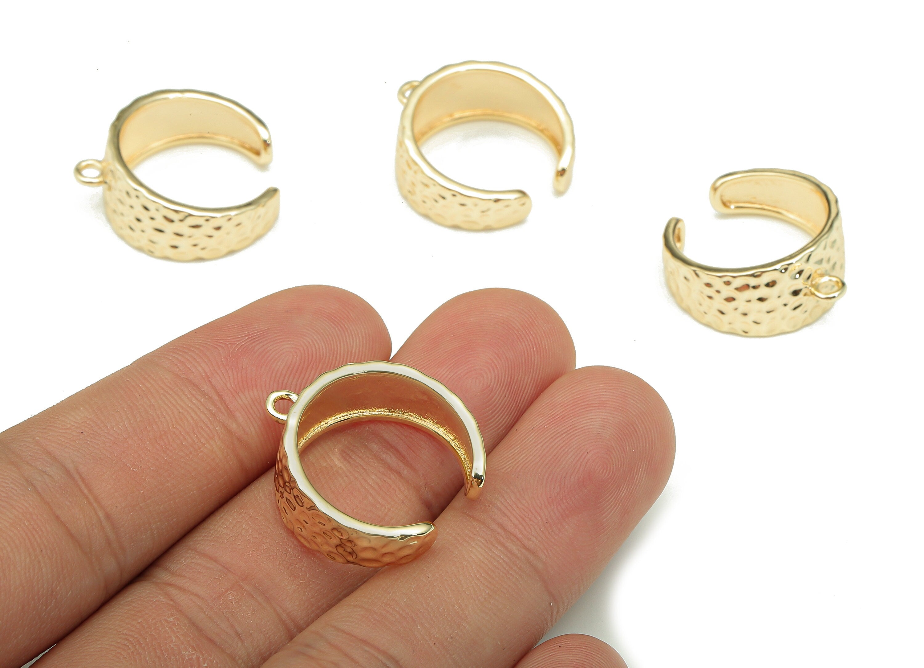 Brass Hammered Open Round Ring - Open Circle Wide Hoop Ring - Thick Earring With Loop - 18K Real Gold Plating - 23.4x20.7x1.7mm - RGP5335 - DOMEDBAZAAR