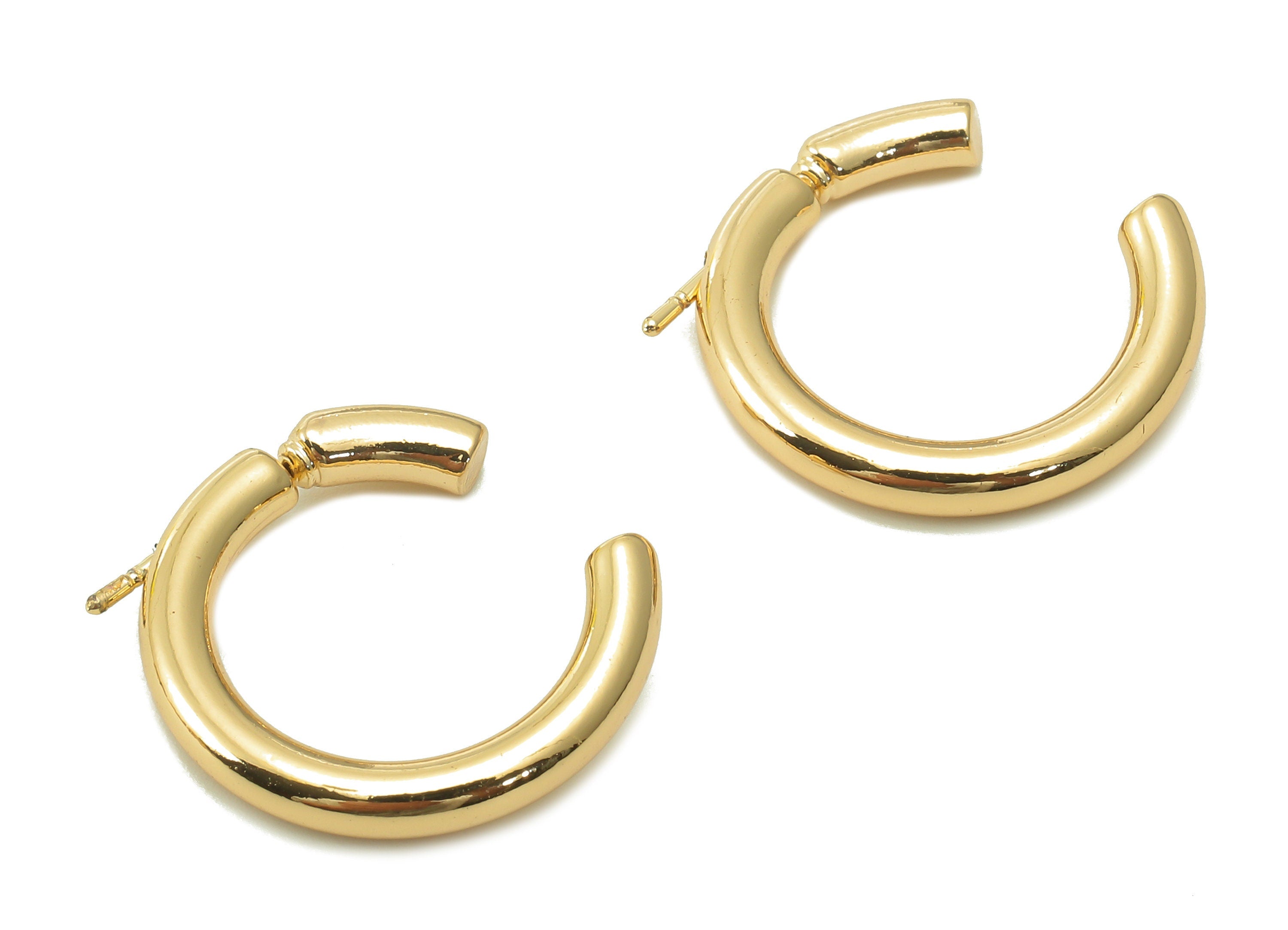 Brass C Open Round Earring Post - Gold Open Thick Earring Hoop - Stainless Steel Stud - 18K Real Gold Plating - 19.7x18.8x3.1mm - RGP5351 - DOMEDBAZAAR