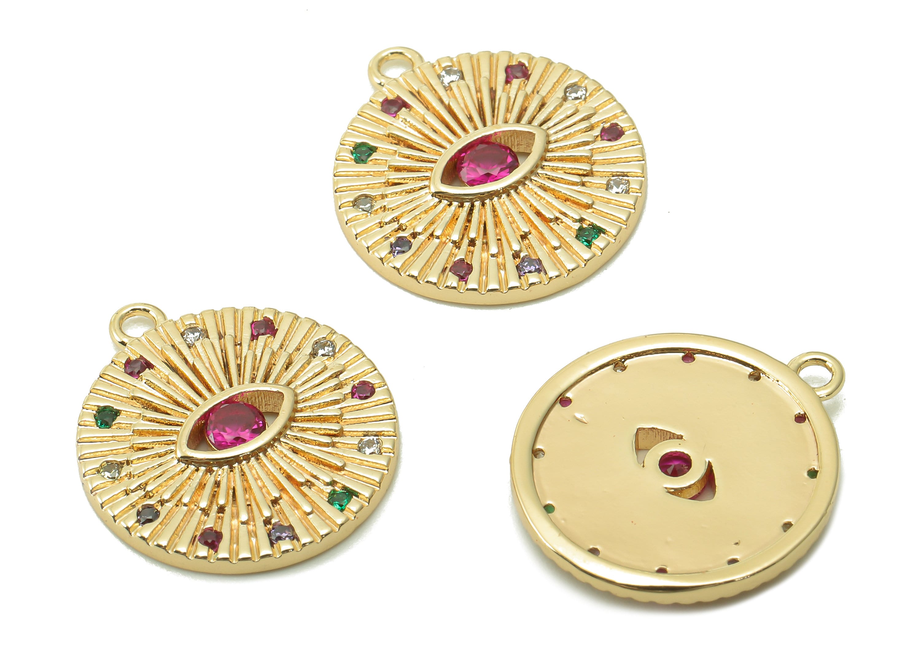 Brass Round Eye Charm - Rainbow Zircon Textured Earring - Eyelash Circle Pendant With Loop - 18K Real Gold Plating - 18x15.7x2.1mm - RGP5355 - DOMEDBAZAAR