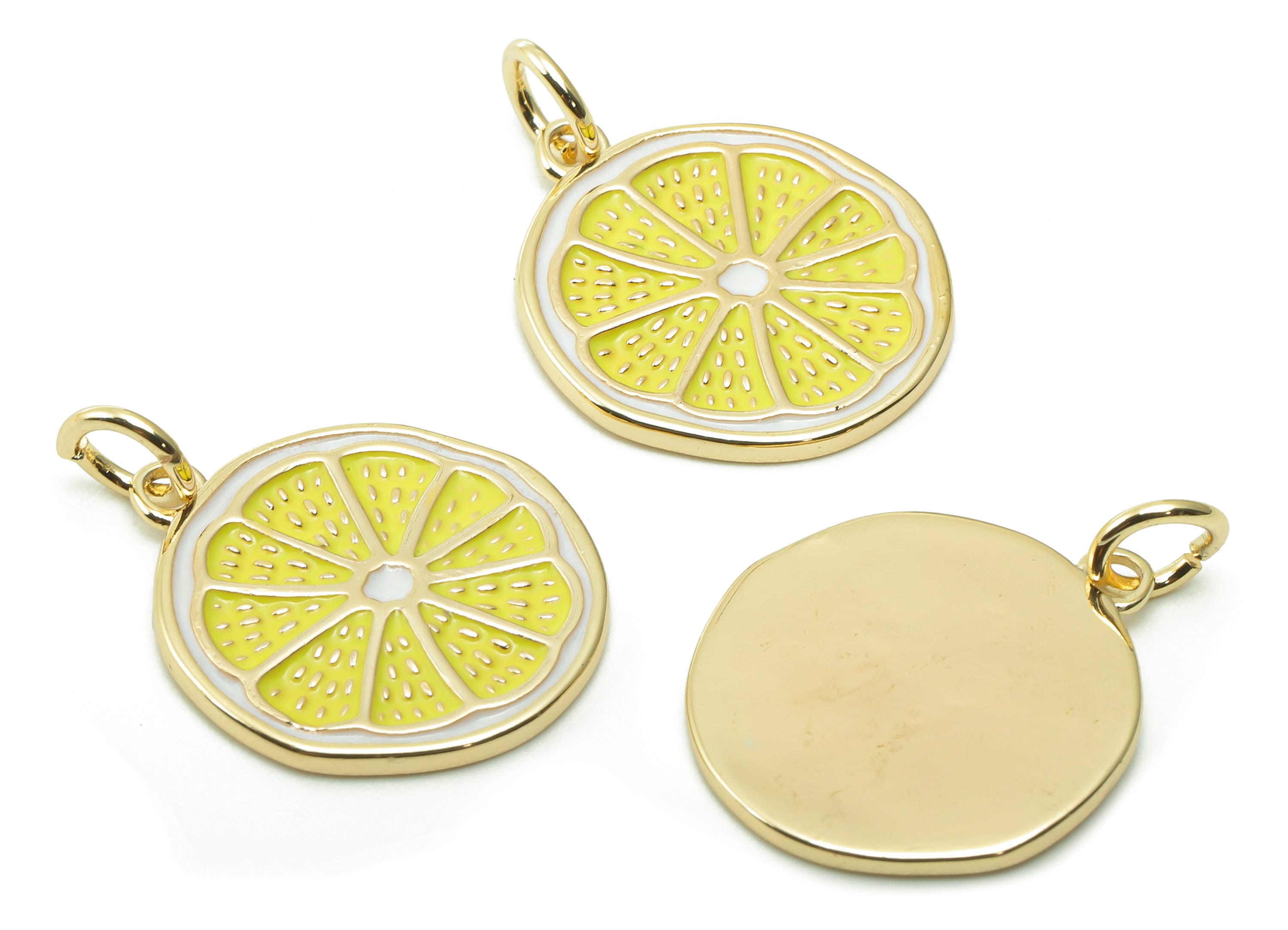 Brass Lemon Slices Earring Charm - Enamel Yellow Fruit Earring - Round Pendant With Loop - 18K Real Gold Plating - 20.6x15.3x1.2mm -RGP5356B - DOMEDBAZAAR