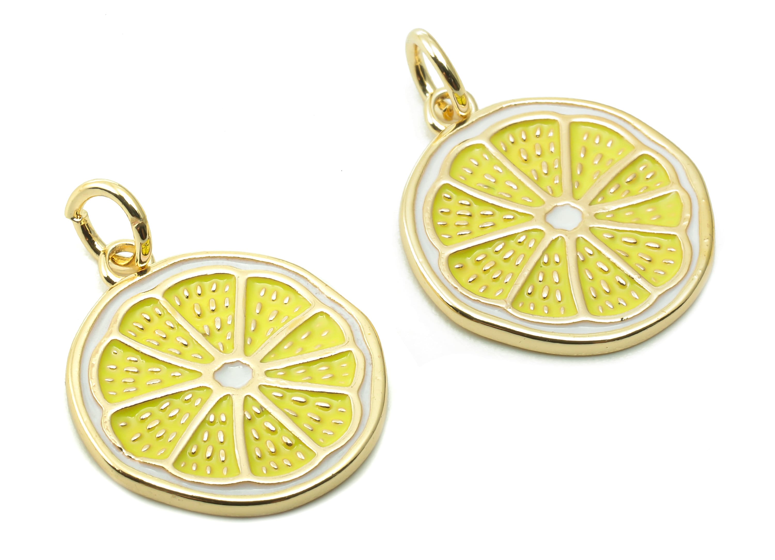 Brass Lemon Slices Earring Charm - Enamel Yellow Fruit Earring - Round Pendant With Loop - 18K Real Gold Plating - 20.6x15.3x1.2mm -RGP5356B - DOMEDBAZAAR