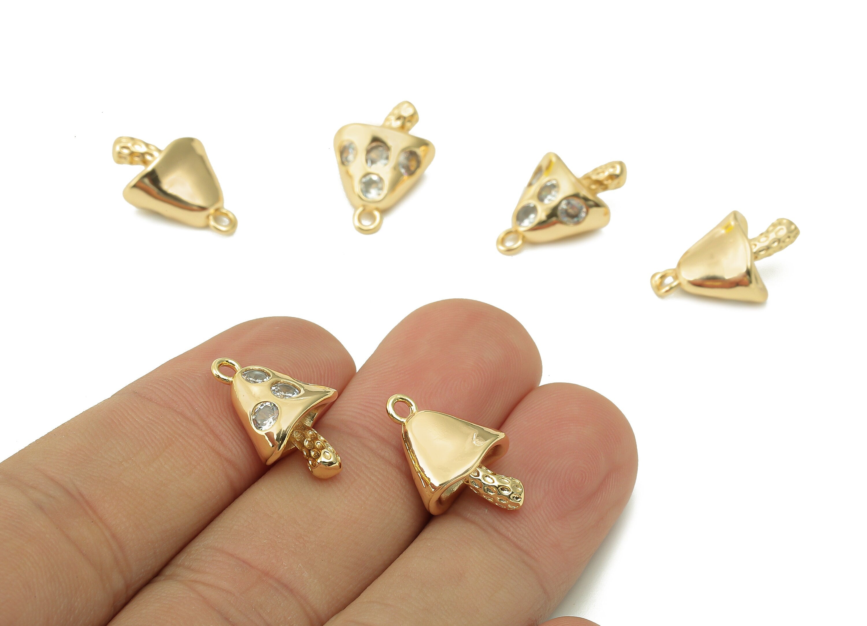 Brass Mushroom Earring Charm - Gold Vegetable Earring With Zircon - Pendant With Loop - 18K Real Gold Plating - 17.8x12.2x7.9mm - RGP5359 - DOMEDBAZAAR