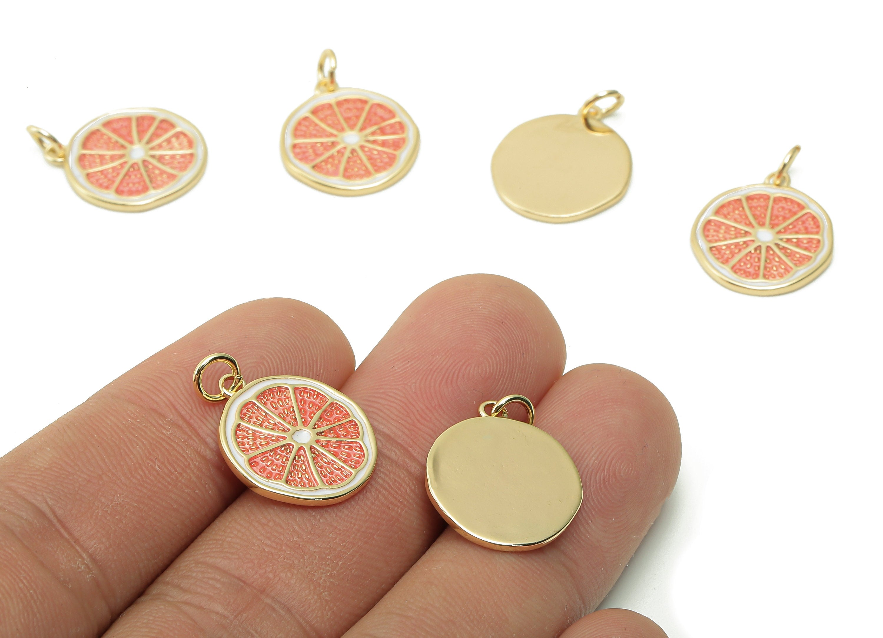 Brass Lemon Slices Earring Charm - Enamel Pink Fruit Earring - Round Pendant With Loop - 18K Real Gold Plating - 20.6x15.3x1.2mm -RGP5356A - DOMEDBAZAAR