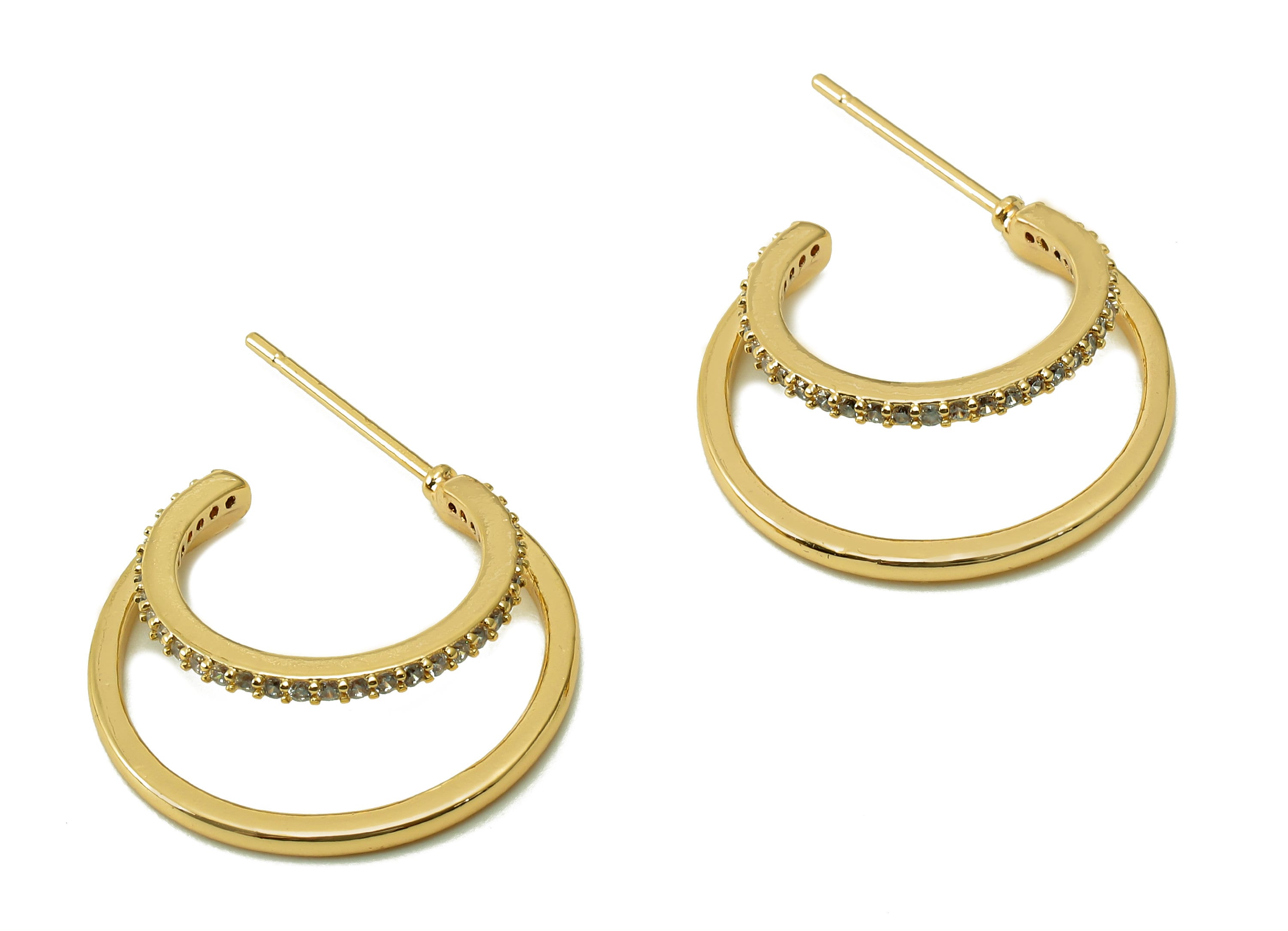 Brass Crescent Earring Post - Zircon Moon Earring Stud - 316 Stainless Steel Stud - 18K Real Gold Plating - 19.9x18.8x1.3mm - RGP5364 - DOMEDBAZAAR