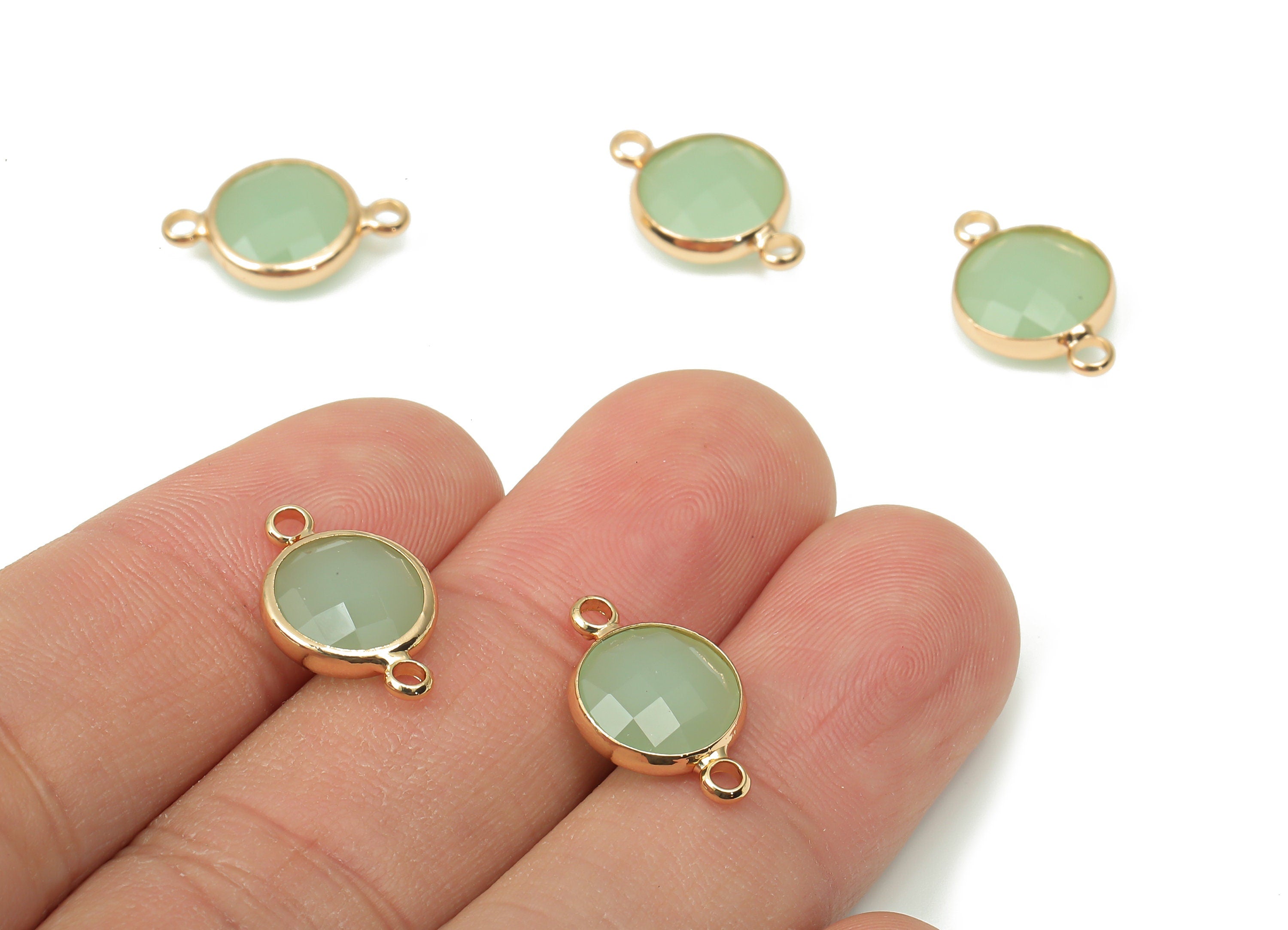 Brass Glass Diamond Earring Connectors - Green Round Frame Bracelet - Gold Tone Plated Brass - Faceted Glass - 16.75x10.7x4.4mm - GS1135A - DOMEDBAZAAR