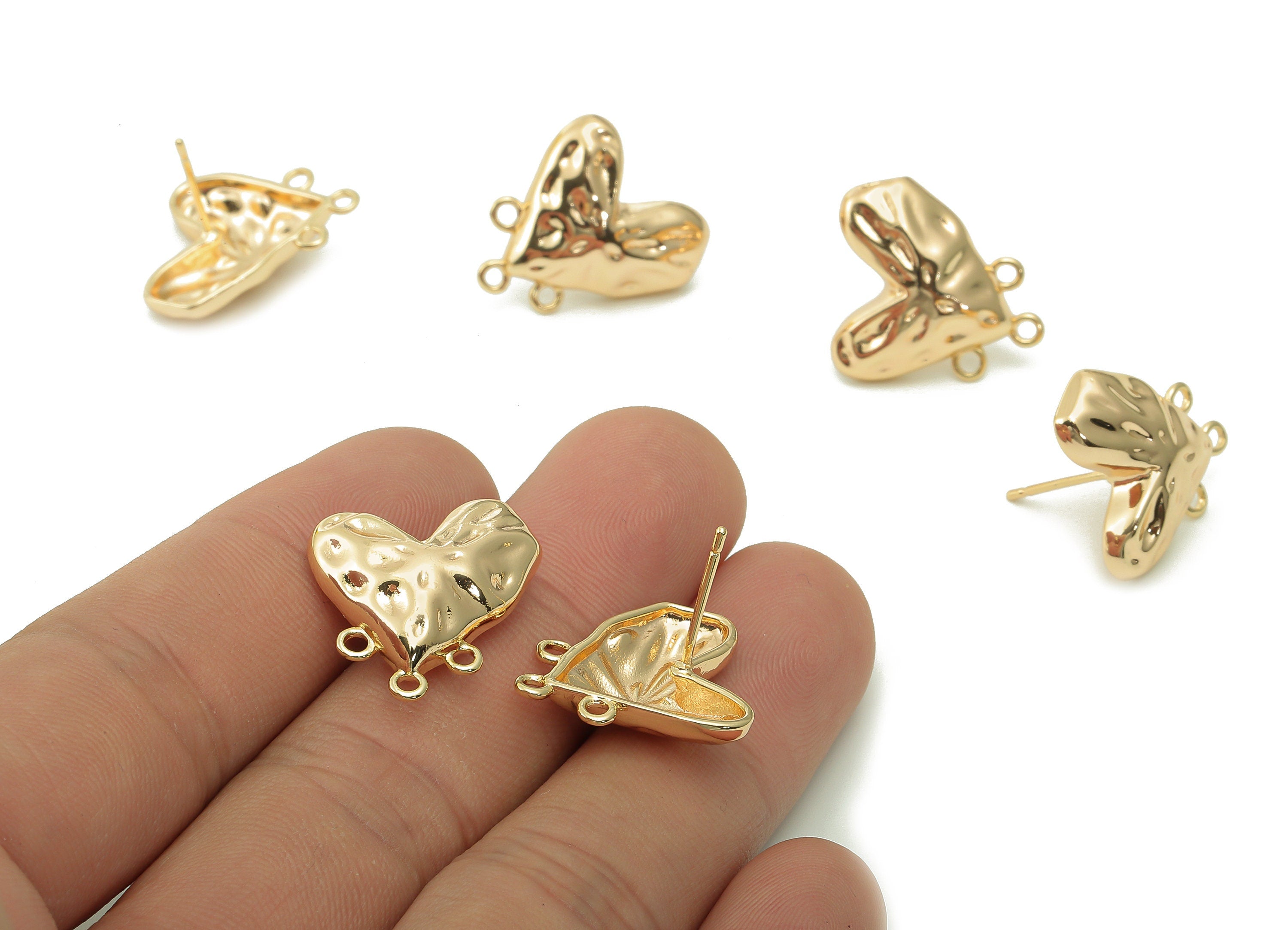 Brass Heart Earring Post - Connector With 3 Loops - Earring Stud - 925 Silver Stud Earring - 18K Real Gold Plating -18.8x19x1.6mm-RGP5384 - DOMEDBAZAAR