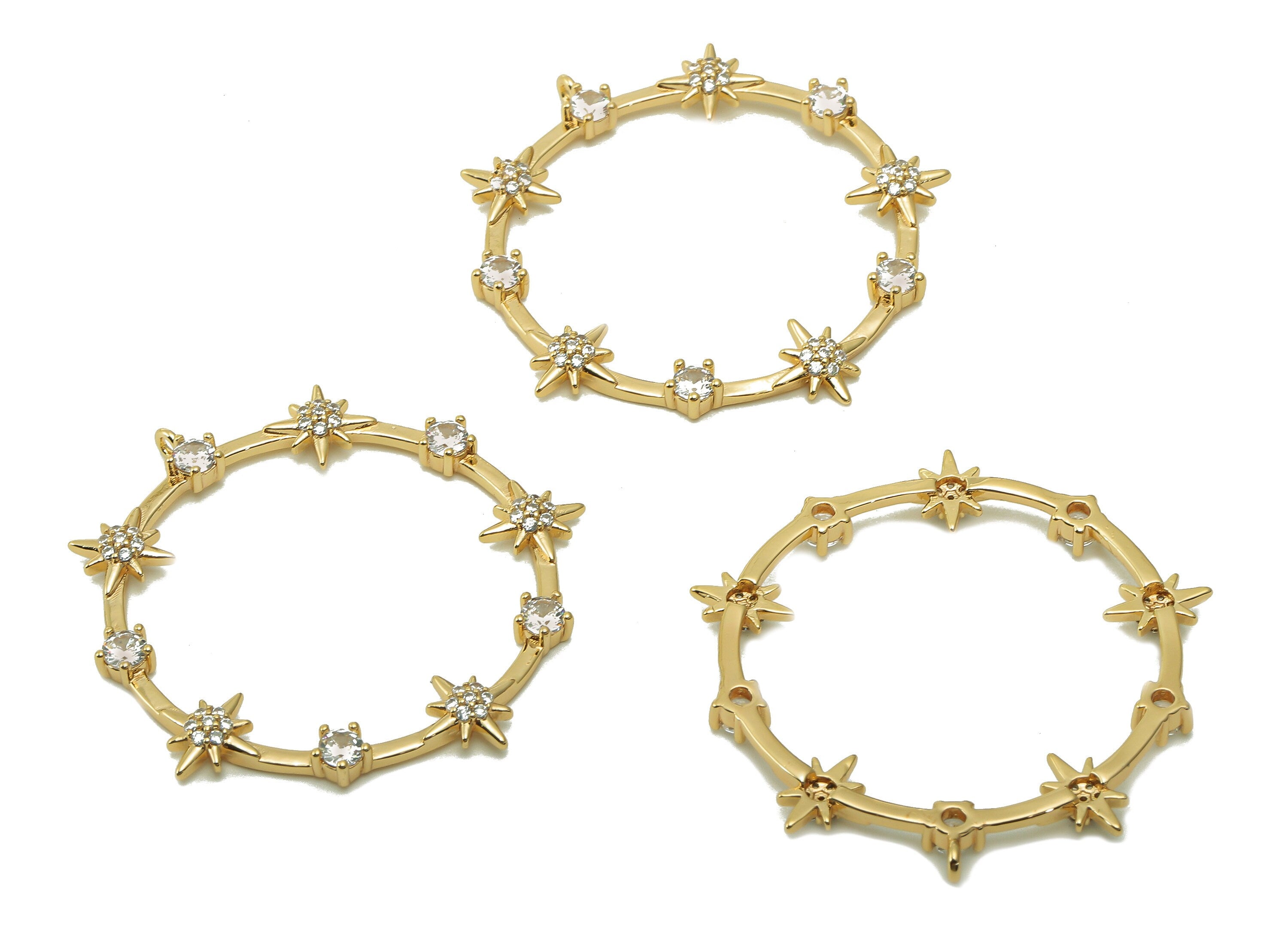 Brass Round Star Hoop Charm - Circle Earring With Zircon - North Star Pendant With Loop - 18K Real Gold Plating - 36.5x35.7x2.9mm - RGP5382 - DOMEDBAZAAR