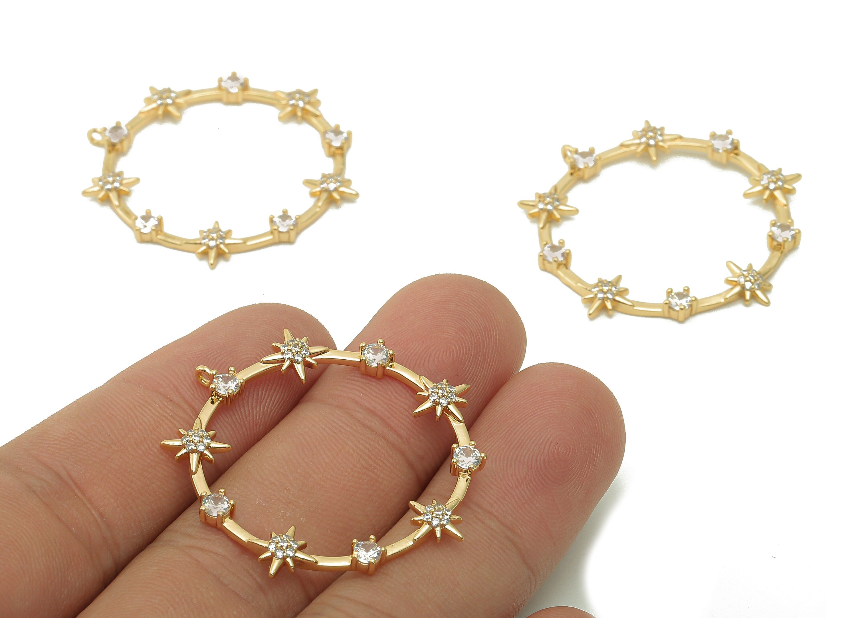 Brass Round Star Hoop Charm - Circle Earring With Zircon - North Star Pendant With Loop - 18K Real Gold Plating - 36.5x35.7x2.9mm - RGP5382 - DOMEDBAZAAR