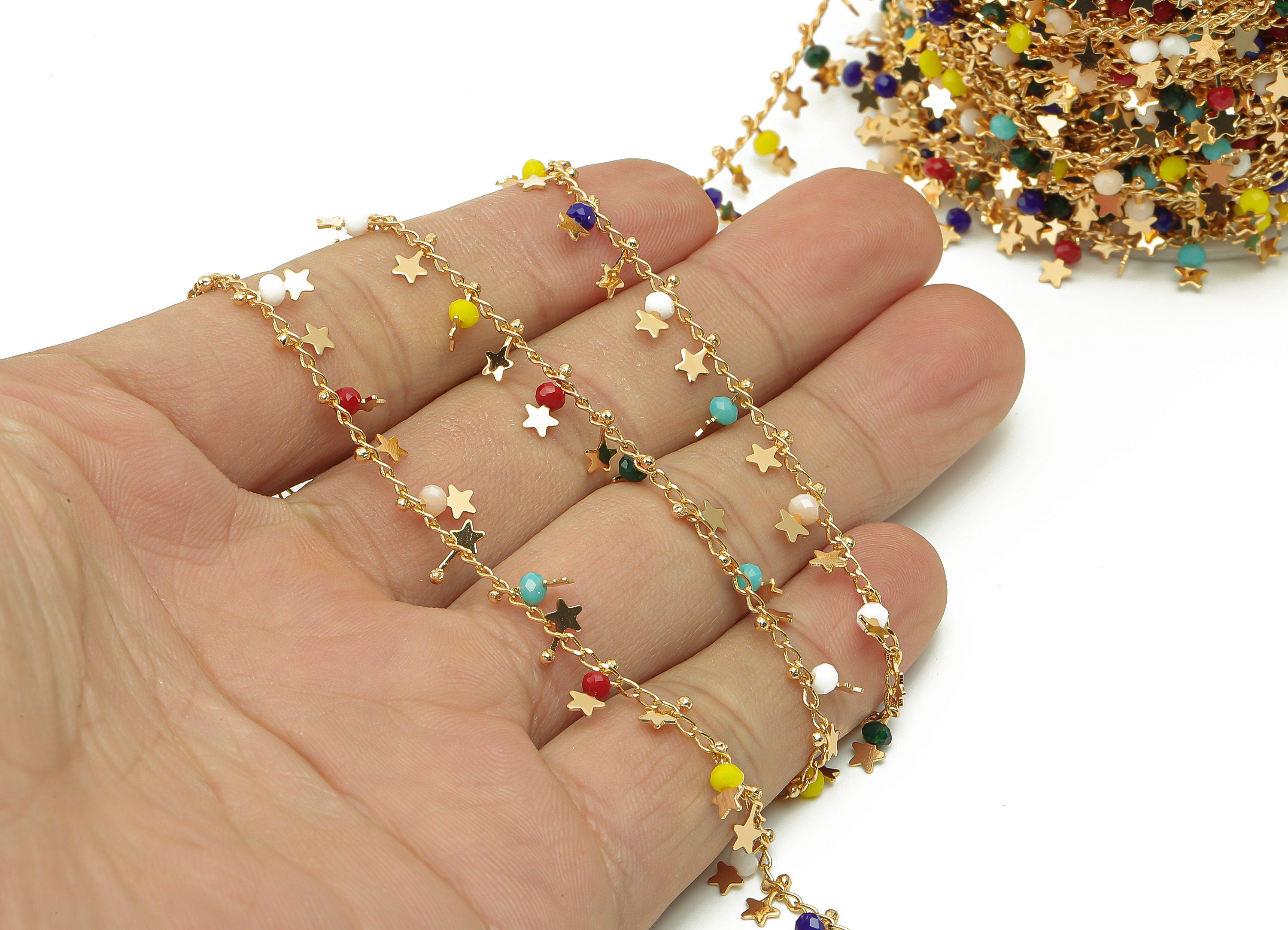 Brass Star Curb Beaded Chain - Acrylic Rainbow Bead Satellite Chain - Oval Charm For Bracelet - 18K Real Gold Plating -8.5x3.7x2.4mm-RGP5378 - DOMEDBAZAAR