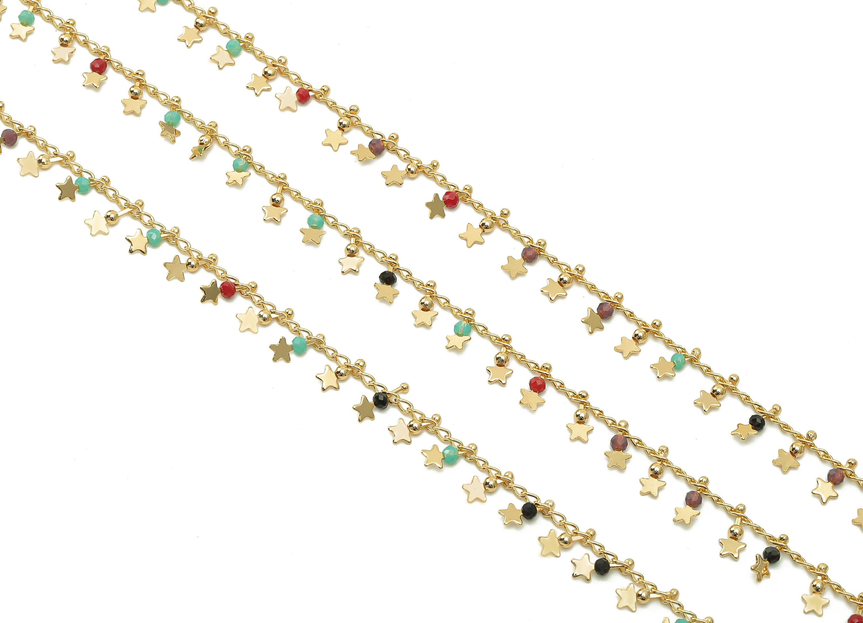 Brass Star Curb Beaded Chain - Acrylic Rainbow Beads Satellite Chain - Oval Charm For Bracelet - 18K Real Gold Plating-8.5x3.7x2.4mm-RGP5377 - DOMEDBAZAAR