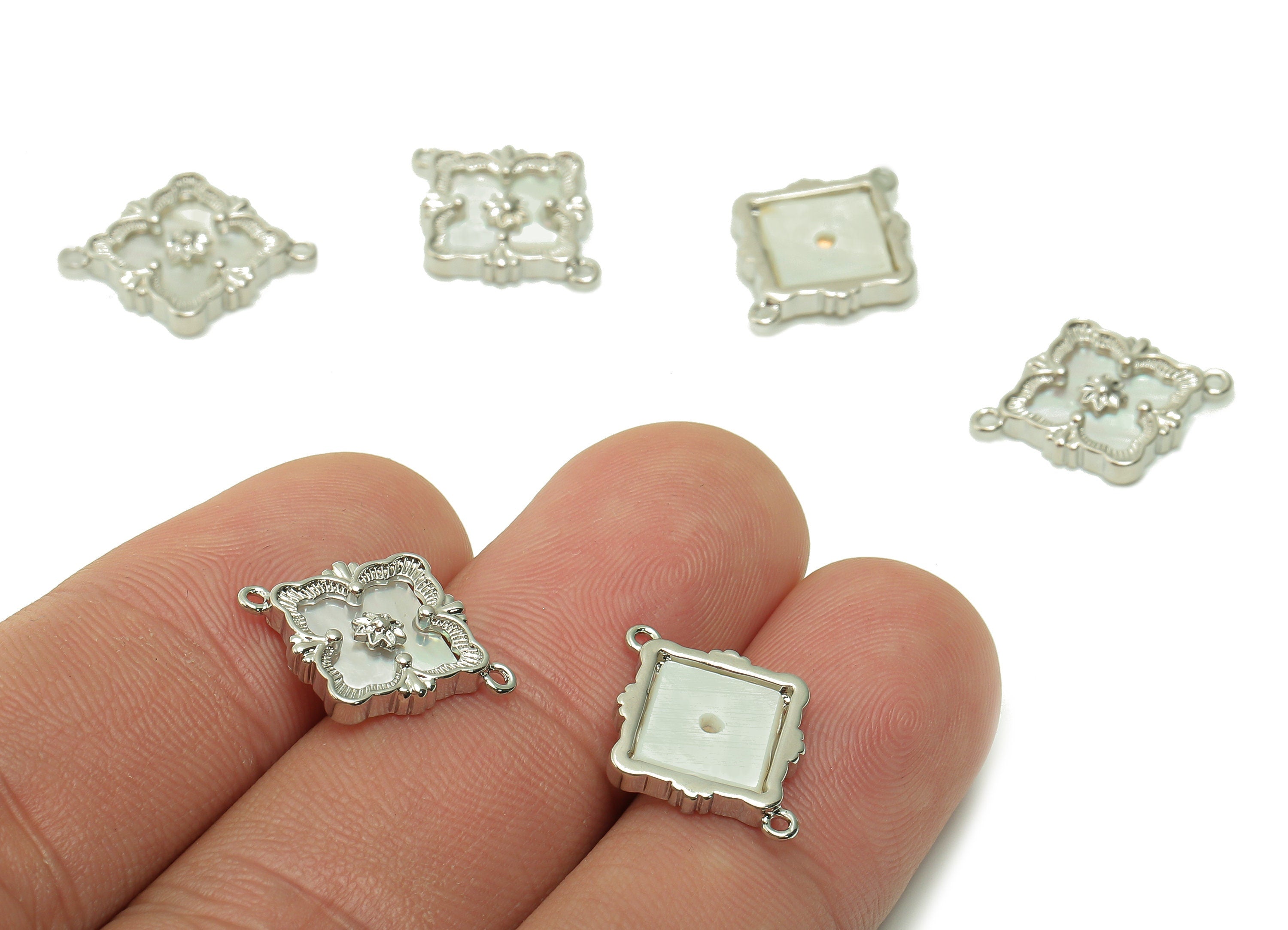 Brass Diamond Flower Connectors - MOP Shell Zircon Rhombus - 18K Real White Gold Plating Bracelet - For Necklace - 17.5x13.9x2.4mm - RGP5374 - DOMEDBAZAAR
