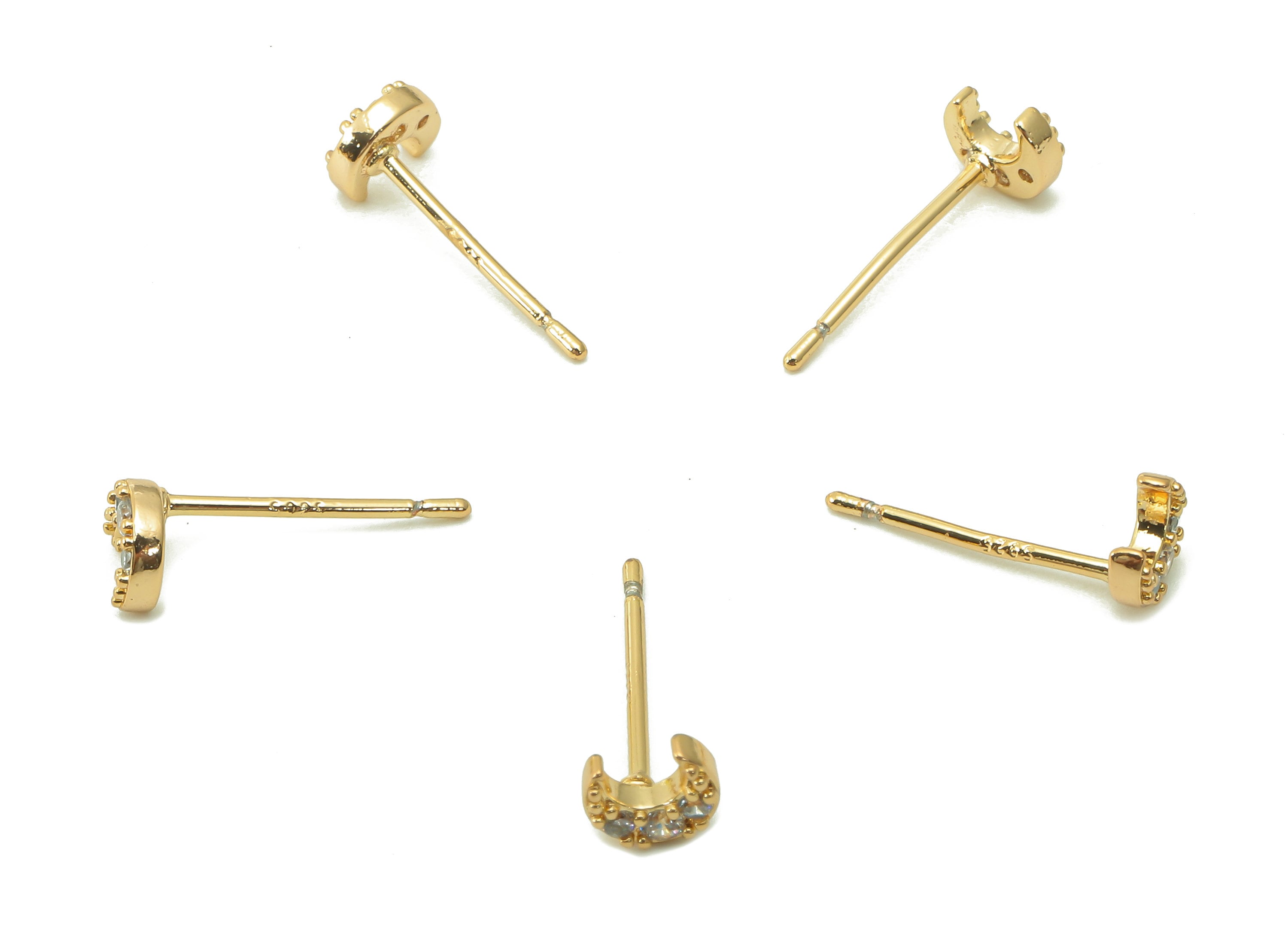 Brass Mini Crescent Earring Post - Zircon Moon Earring Stud - 925 Silver Stud - 18K Real Gold Plating Stud Earring - 5.1x4.5x1.7mm - RGP5372 - DOMEDBAZAAR