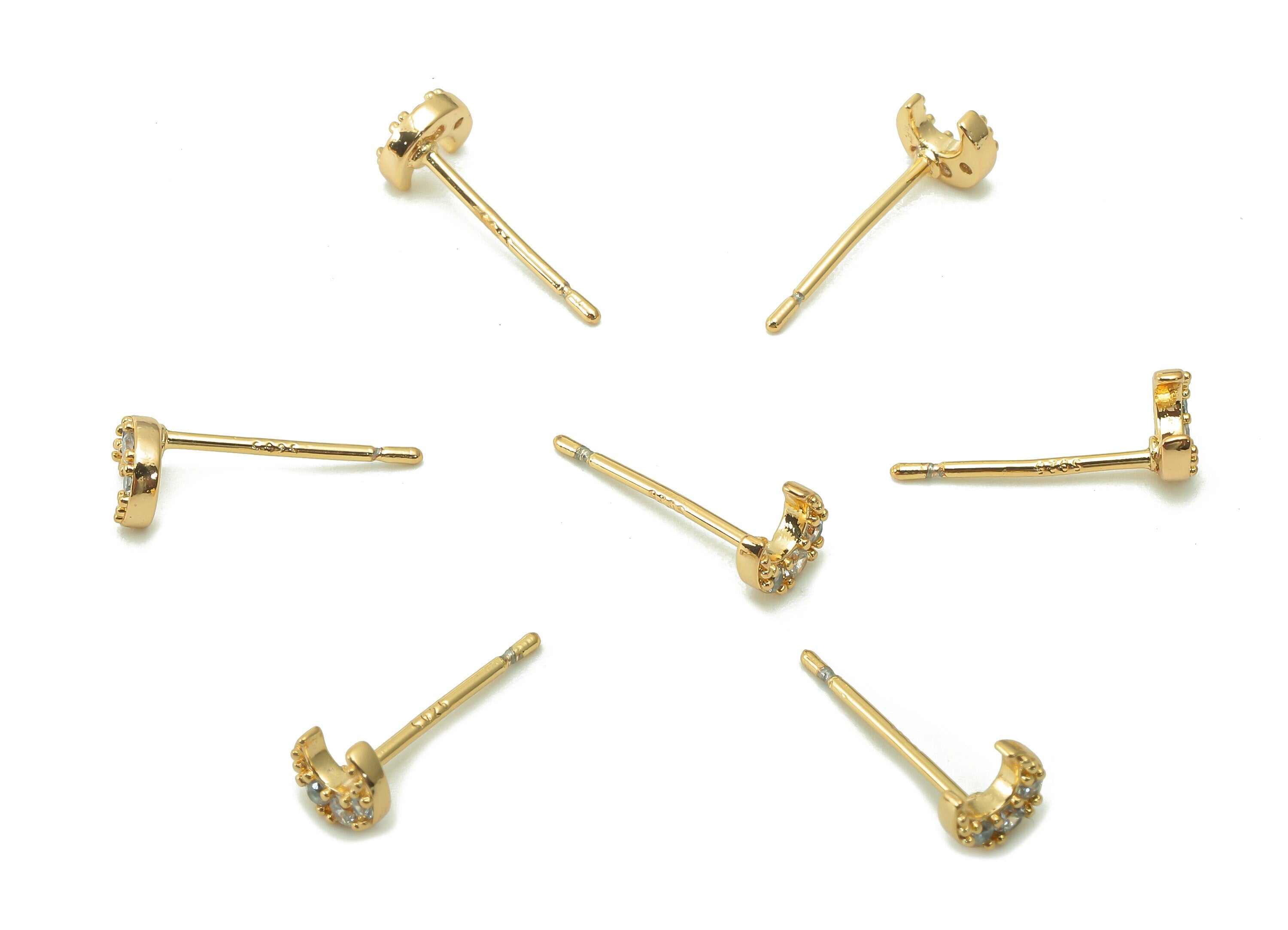 Brass Mini Crescent Earring Post - Zircon Moon Earring Stud - 925 Silver Stud - 18K Real Gold Plating Stud Earring - 5.1x4.5x1.7mm - RGP5372 - DOMEDBAZAAR