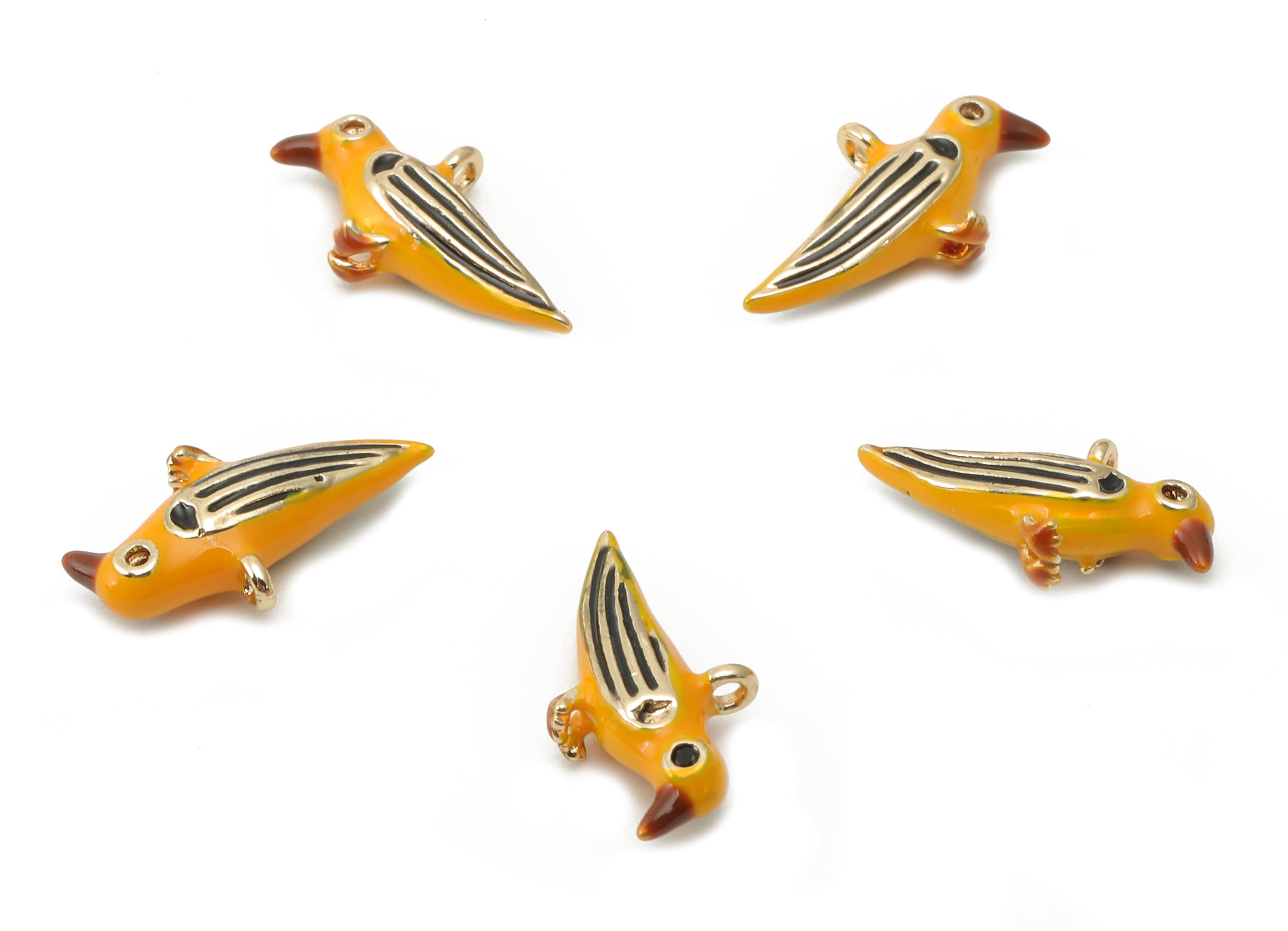 Brass Mini Parrot Earring Charm - Enamel Orange Parrot Bracelet Charm - Pendant With Loop - 18K Real Gold Plating - 15.2x8.3x3.8mm - RGP5368 - DOMEDBAZAAR