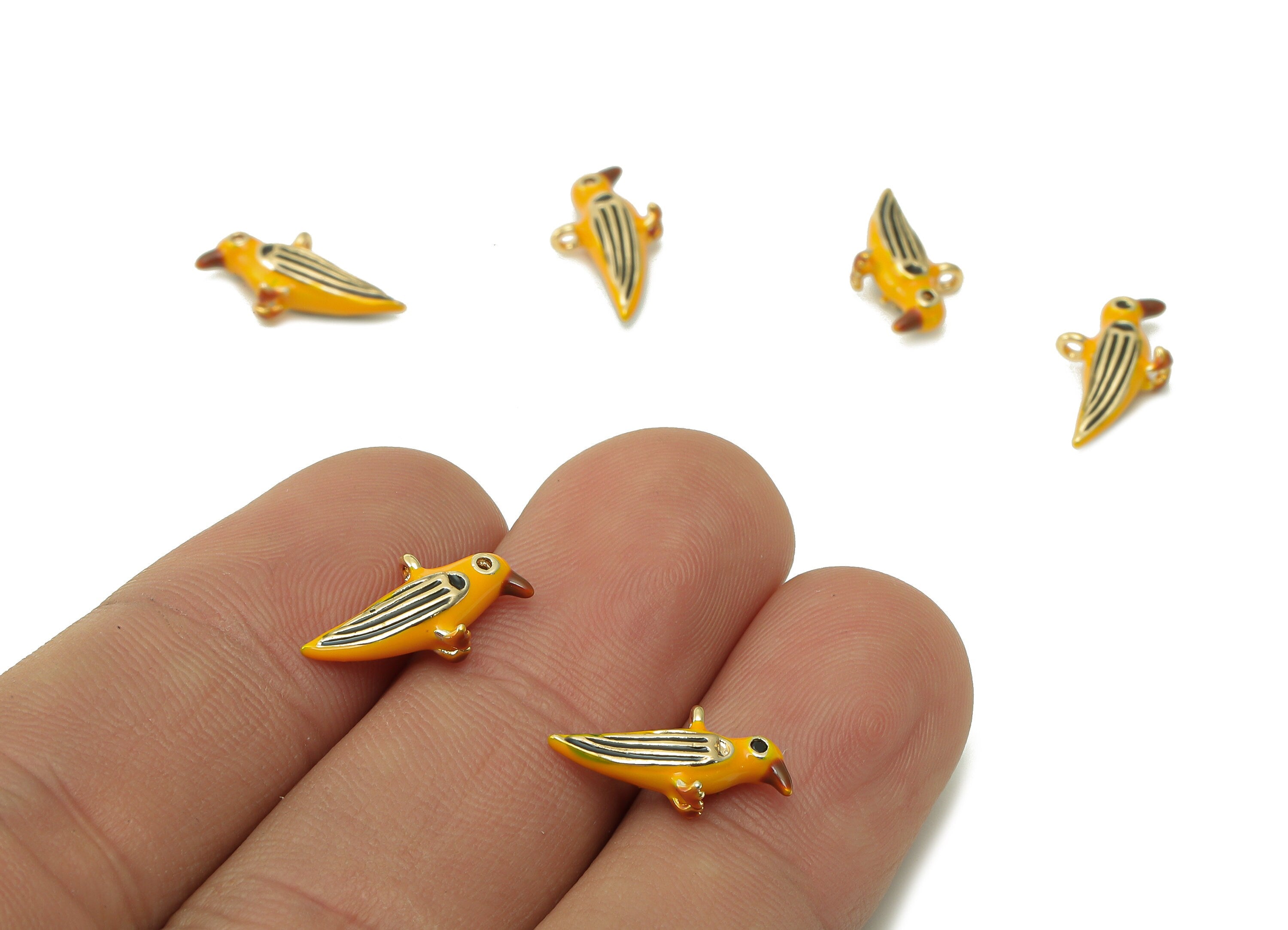 Brass Mini Parrot Earring Charm - Enamel Orange Parrot Bracelet Charm - Pendant With Loop - 18K Real Gold Plating - 15.2x8.3x3.8mm - RGP5368 - DOMEDBAZAAR