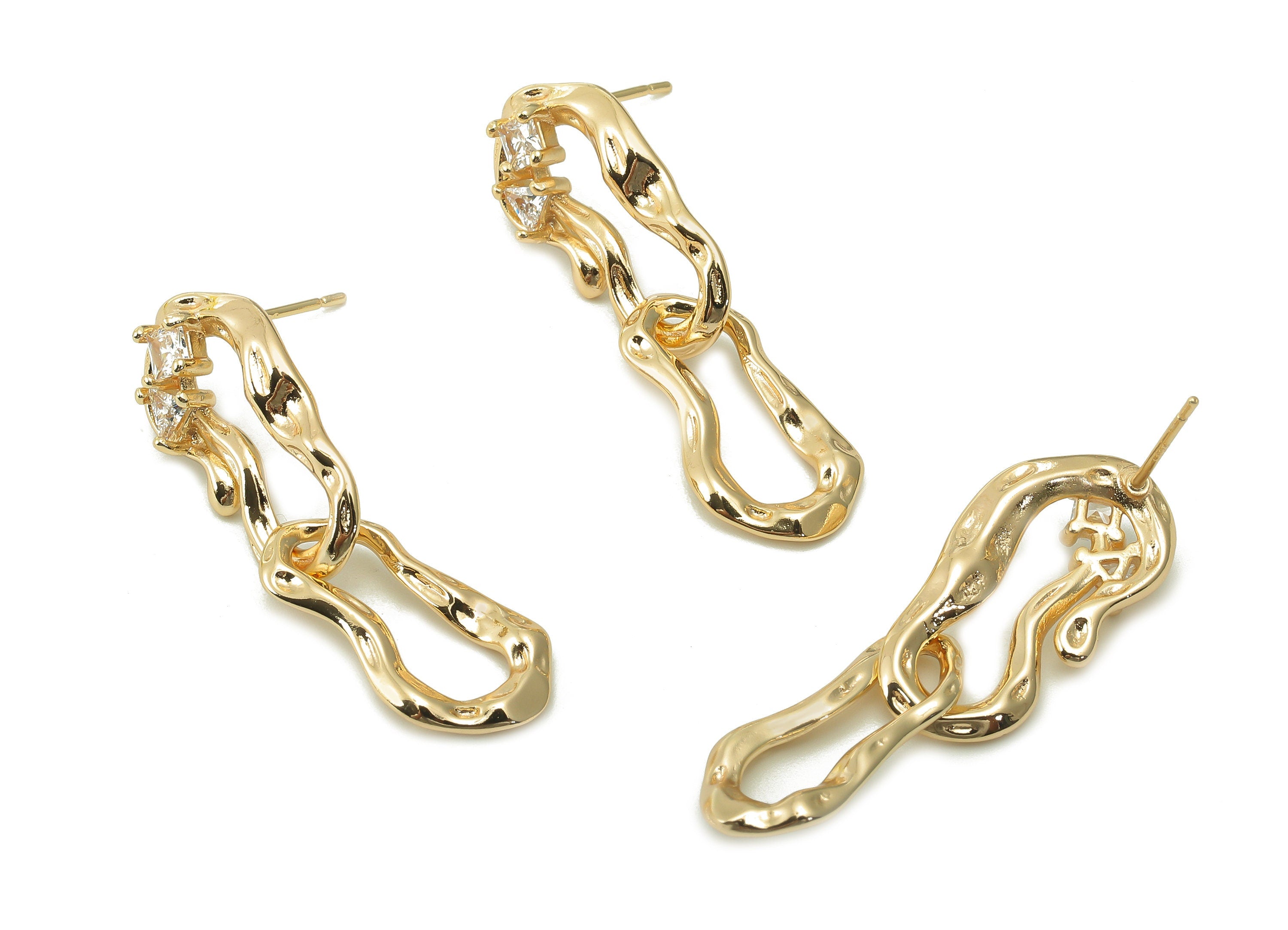 Brass Geometry Earring Post - Zircon Melting Oval Hanging Stud Earring - 925 Silver Needle - 18K Real Gold Plating Chain - 37x12x3mm-RGP5387 - DOMEDBAZAAR