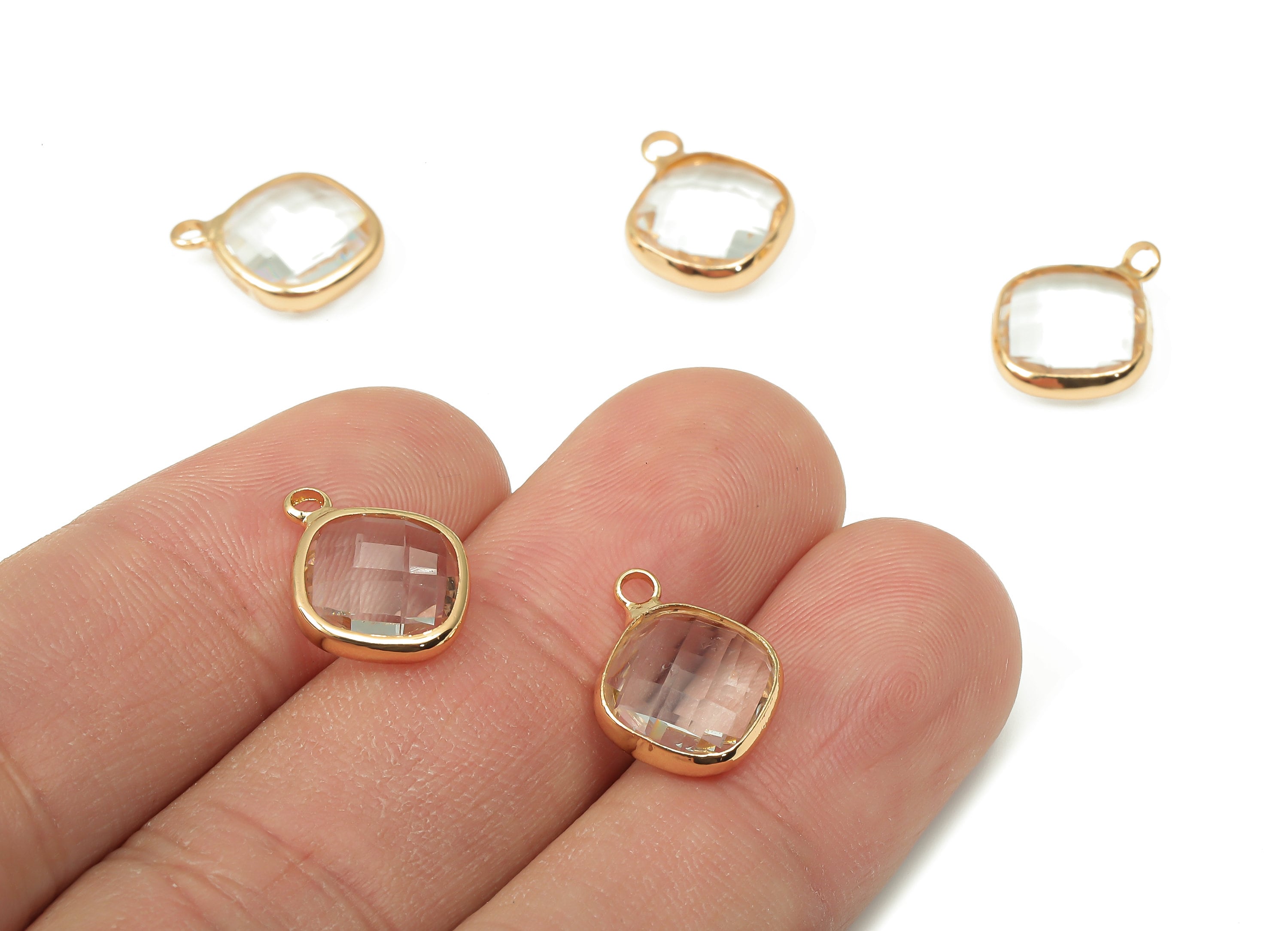 Square Clear Glass Pendant - Brass Frame Necklace With Loop - Gold Tone Plating Earring - Faceted Transparent Glass - 14.4x11.5x4mm -GS1140A - DOMEDBAZAAR