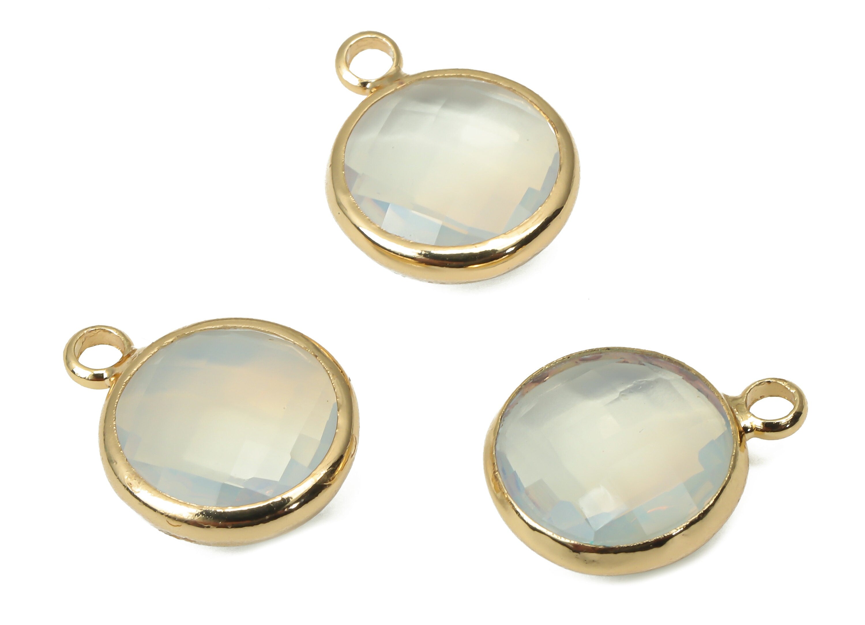 Brass Round Glass Pendant - Brass Frame Necklace Charm With Loop - Gold Tone Plating Earring - Faceted White Glass - 14.1x10.6x3.8mm-GS1141D - DOMEDBAZAAR