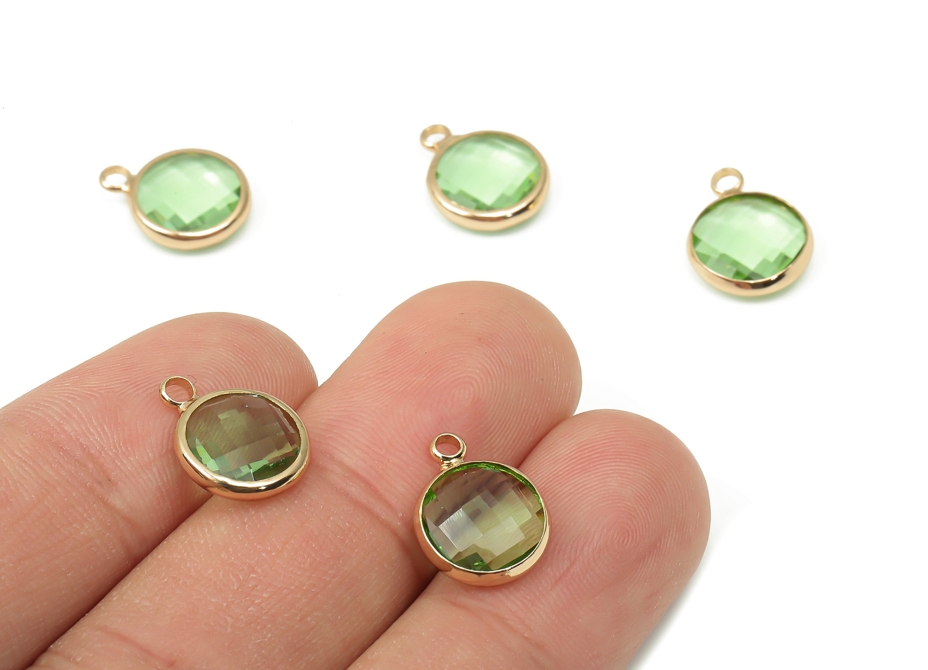 Brass Mini Round Glass Pendant - Brass Frame With Loop - Clear Green Circle Glass Charm - Gold Tone Plating Earring -14.1x10.6x3.8mm-GS1141G - DOMEDBAZAAR