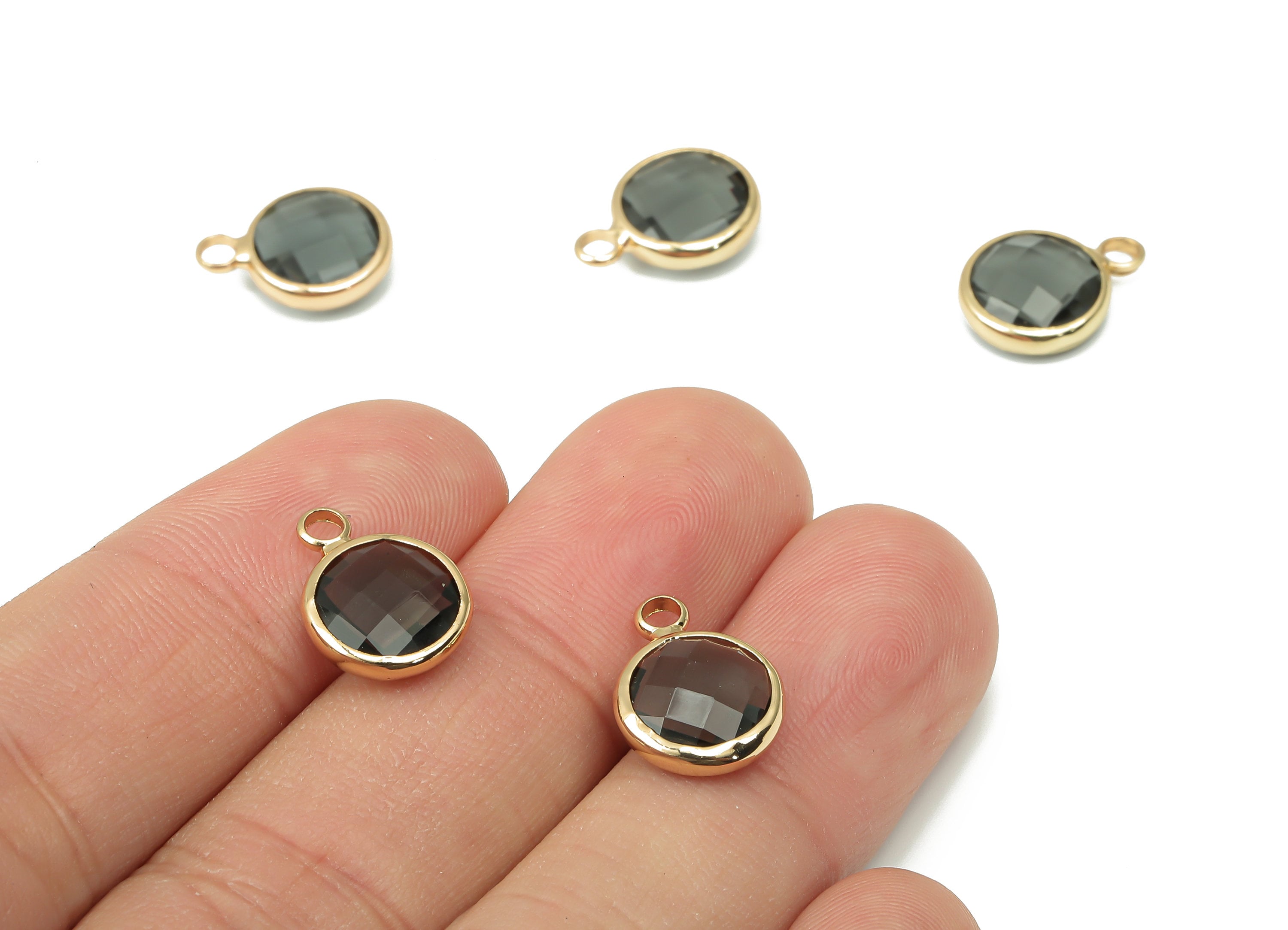 Brass Round Black Glass Pendant - Brass Frame Necklace Charm With Loop - Gold Tone Plating Earring - Faceted Glass - 14.1x10.6x3.8mm-GS1141I - DOMEDBAZAAR