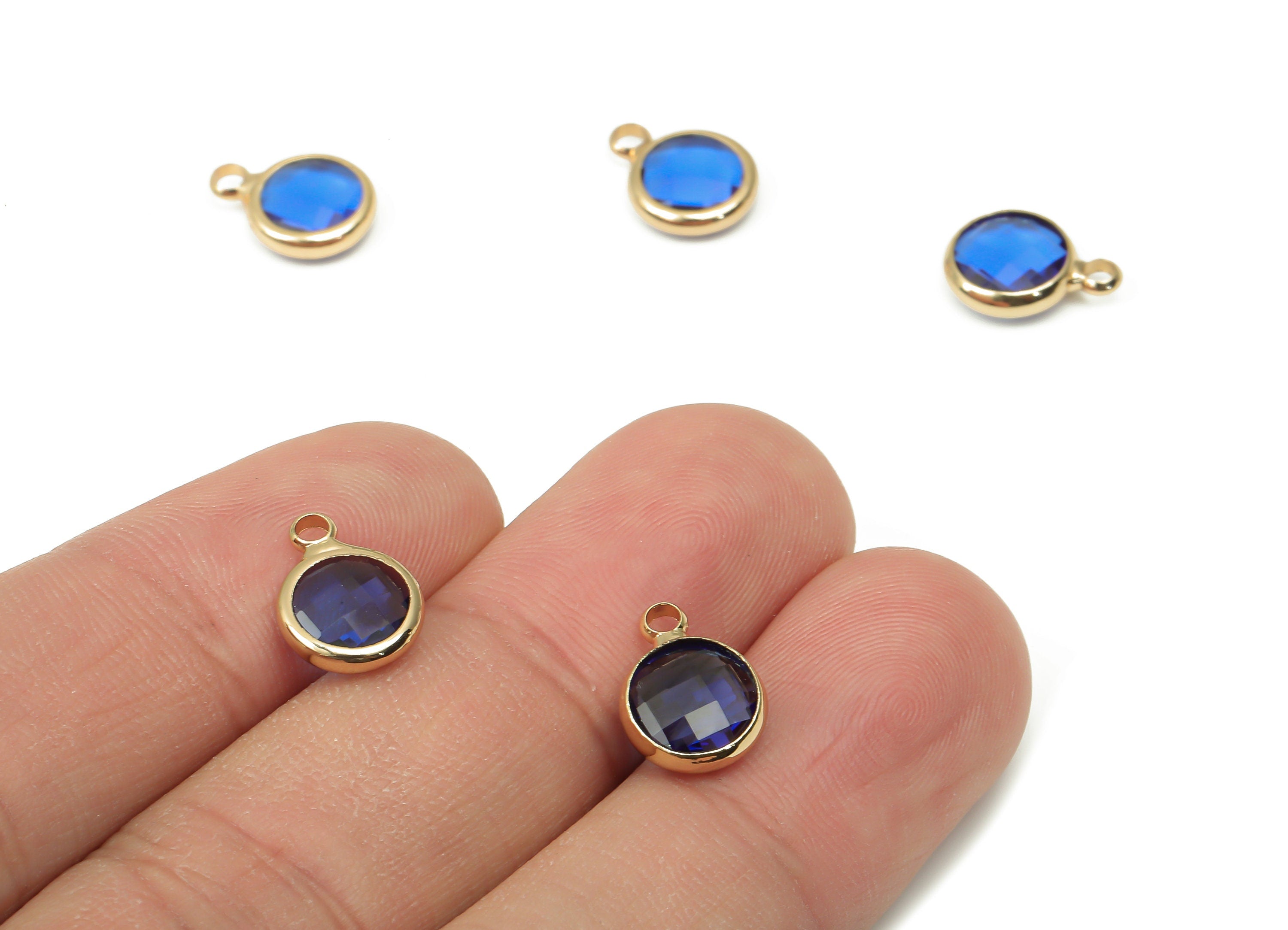 Brass Frame Glass Pendant - Round Frame Charm With Loop - Gold Tone Plating Earring - Faceted Clear Blue Glass - 11.5x8.7x3mm - GS1142D - DOMEDBAZAAR