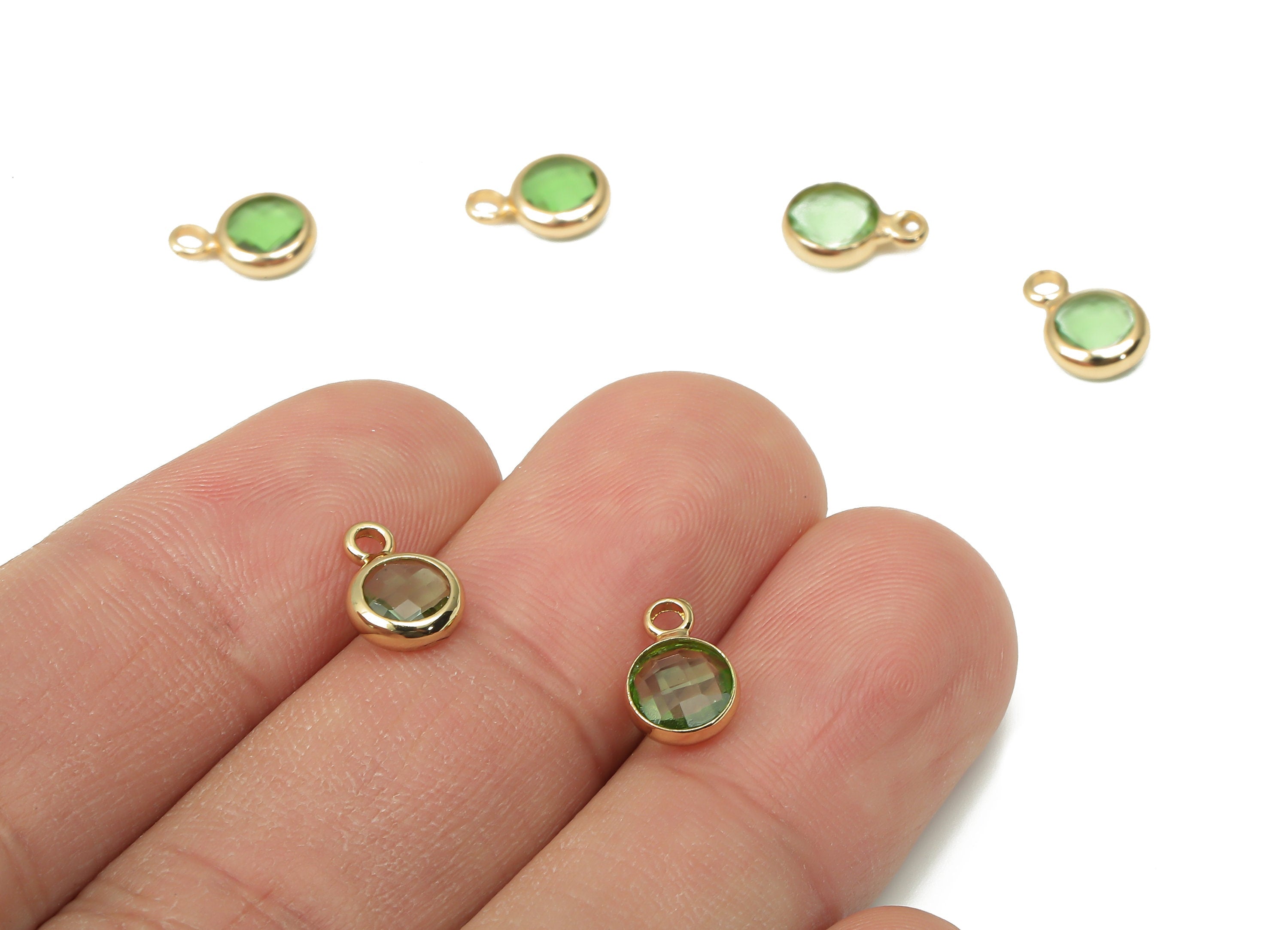 Brass Frame Glass Pendant - Mini Round Frame Charm With Loop - Gold Tone Plating - Faceted Clear Green Glass - 9.6x6.5x2.6mm - GS1143F - DOMEDBAZAAR
