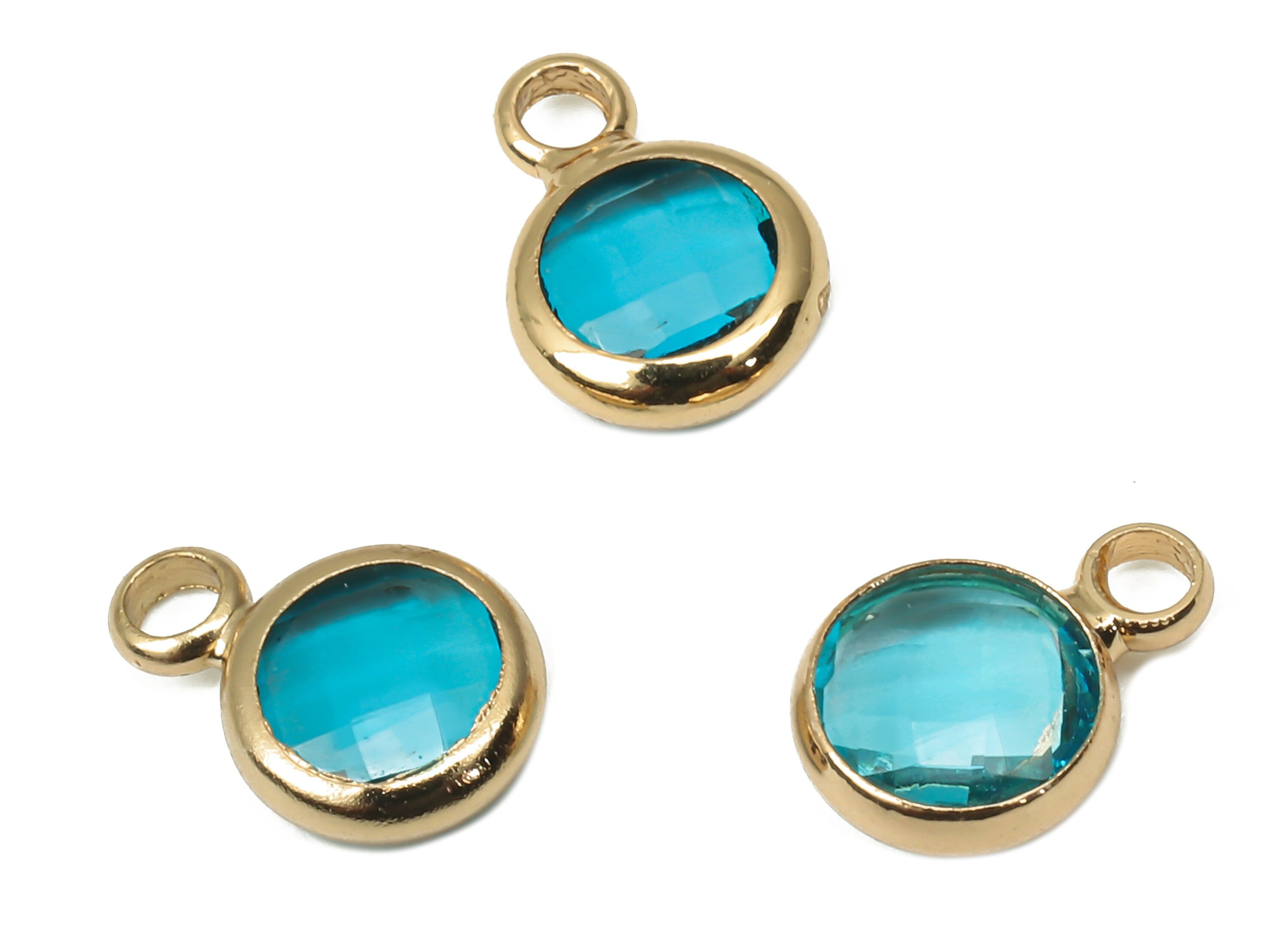 Brass Frame Glass Pendant - Mini Round Frame Charm With Loop - Gold Tone Plating Earring - Faceted Clear Blue Glass - 9.6x6.5x2.6mm -GS1143G - DOMEDBAZAAR
