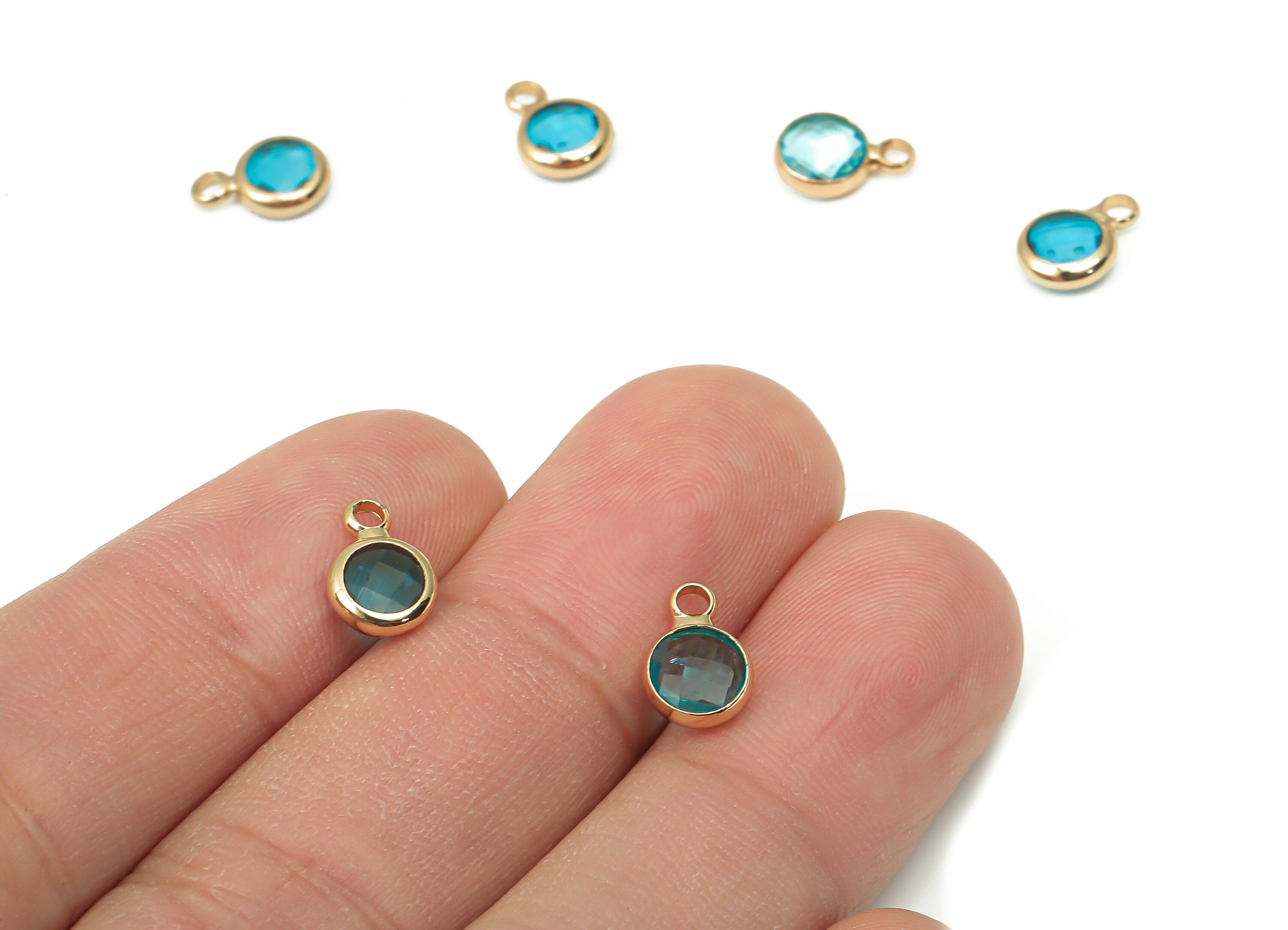 Brass Frame Glass Pendant - Mini Round Frame Charm With Loop - Gold Tone Plating Earring - Faceted Clear Blue Glass - 9.6x6.5x2.6mm -GS1143G - DOMEDBAZAAR