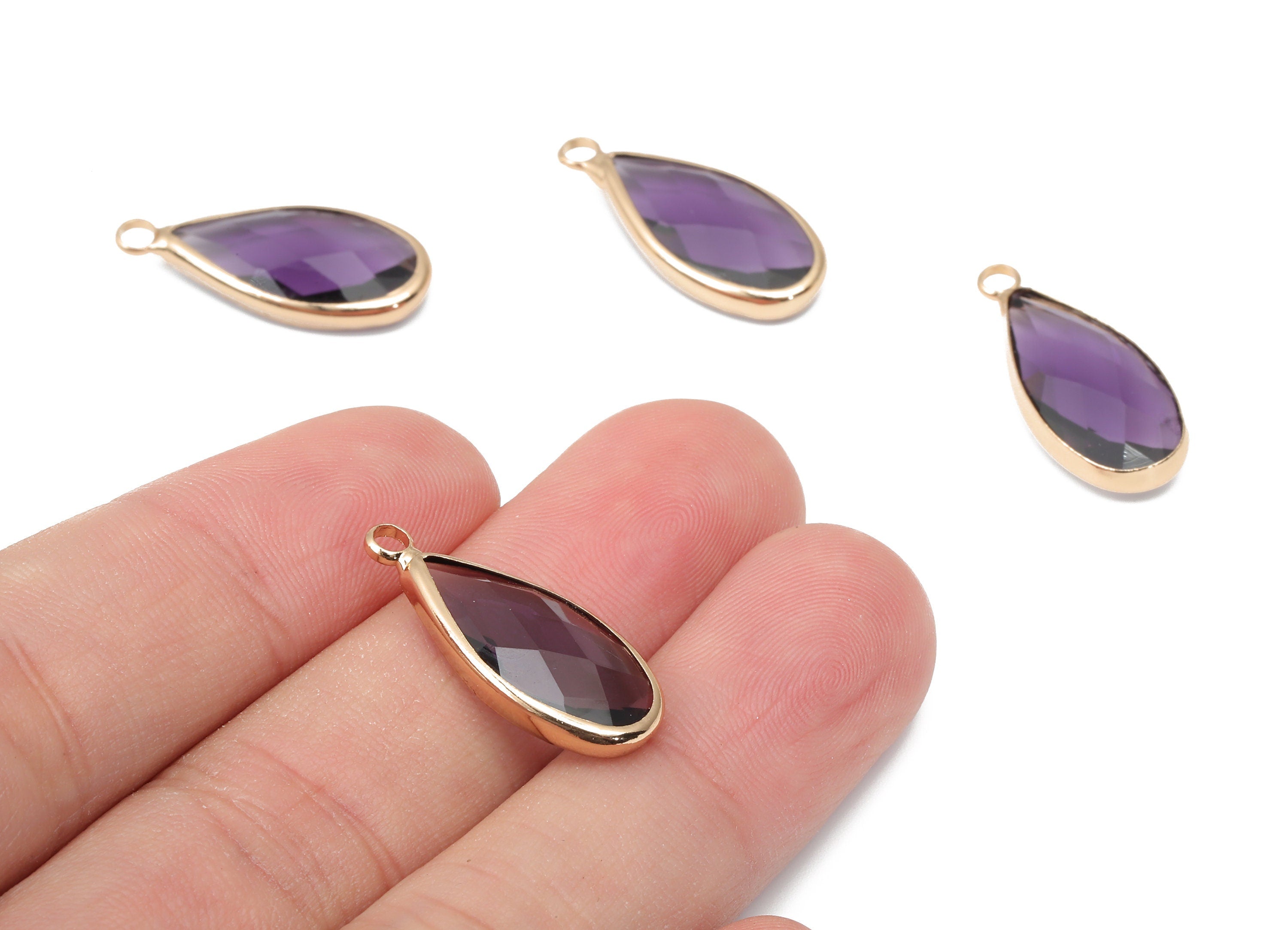 Brass Frame Teardrop Glass Pendant - Drop Charm With Loop - Gold Tone Plating Earring -Faceted Clear Purple Glass -24.1x10.7x4.5mm-GS1144A - DOMEDBAZAAR