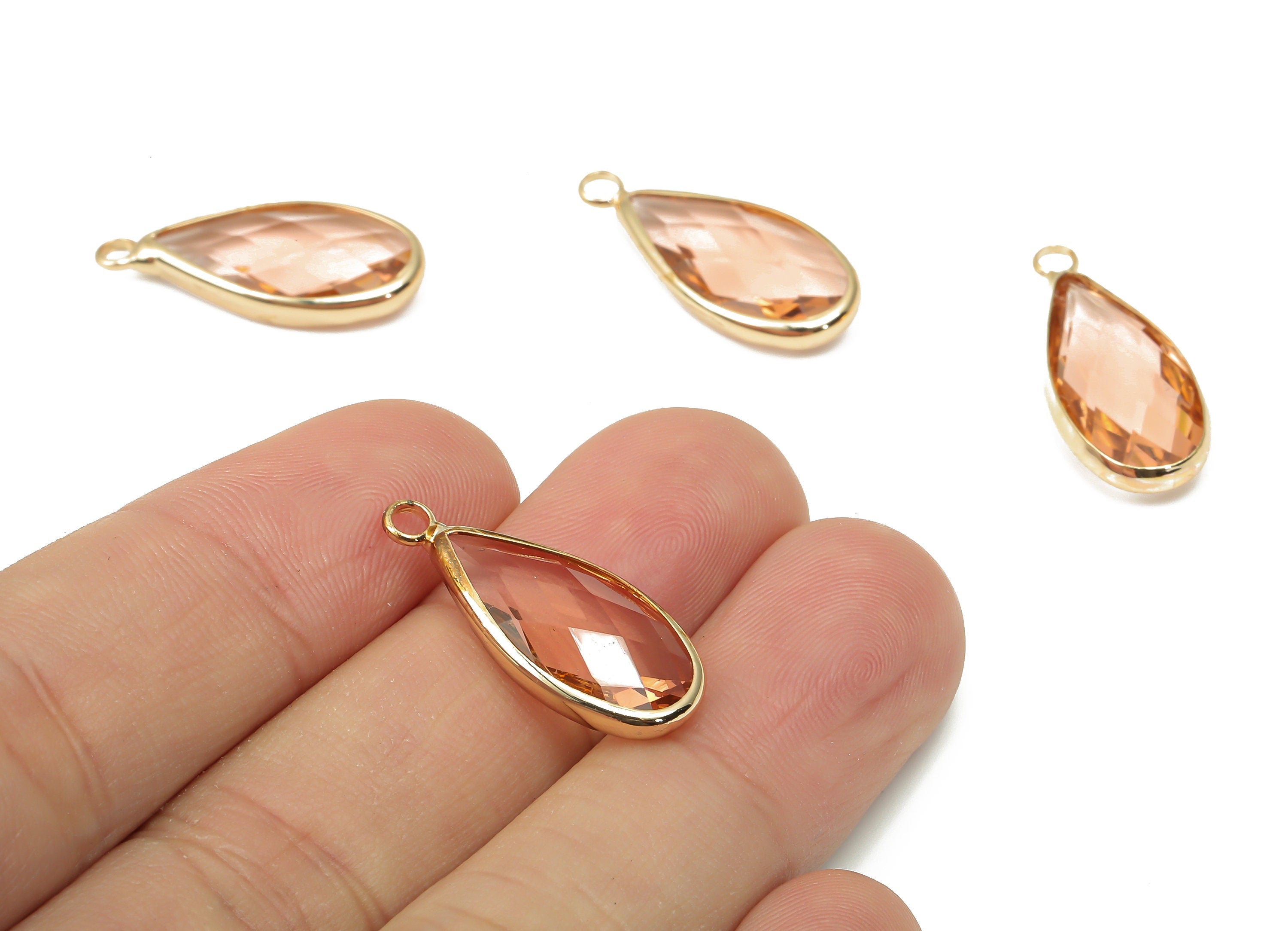 Brass Frame Teardrop Glass Pendant - Frame Drop Charm With Loop - Gold Tone Plating - Faceted Clear Pink Glass - 24.1x10.7x4.5mm - GS1144C - DOMEDBAZAAR