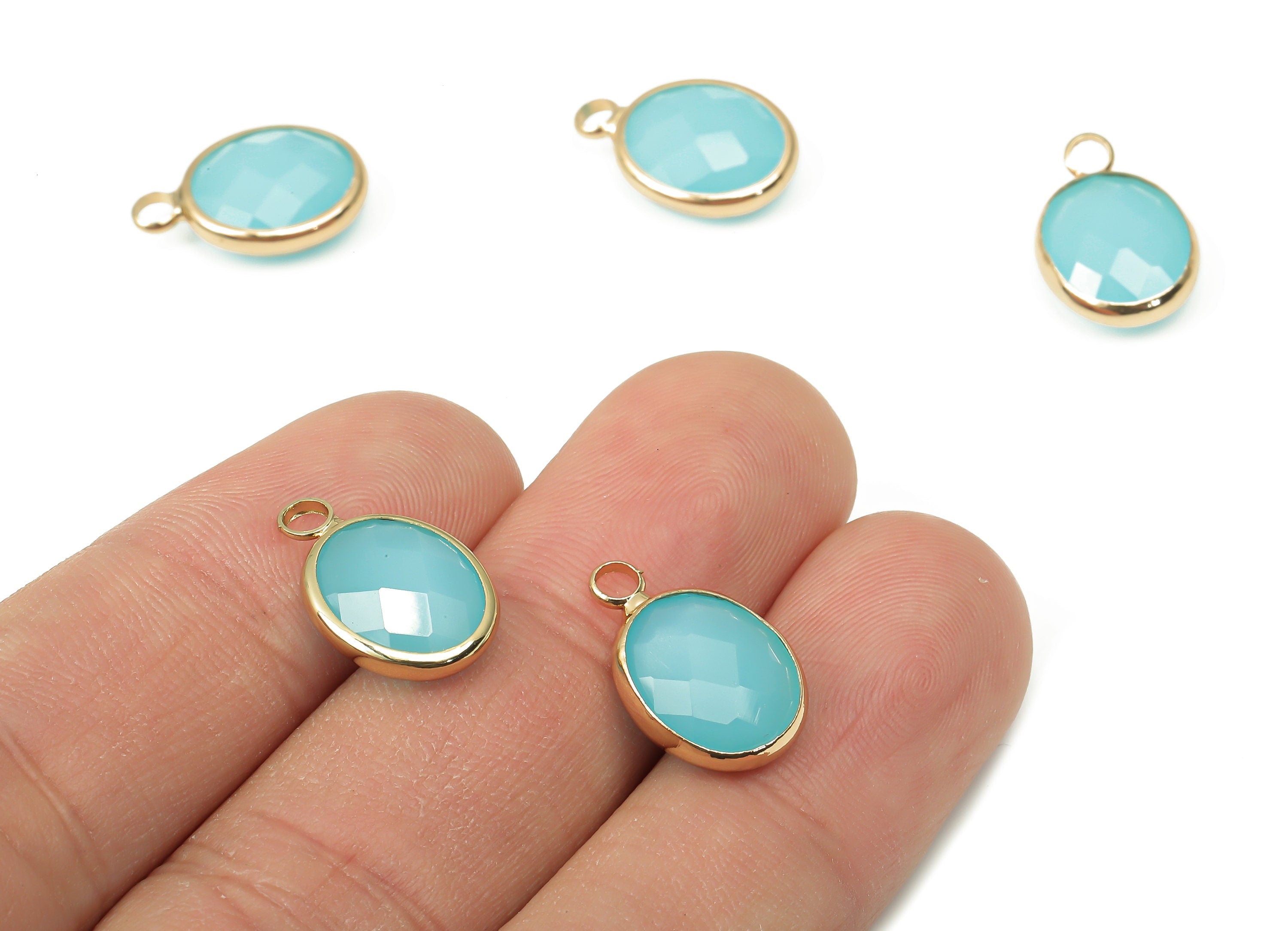 Brass Frame Oval Glass Pendant - Light Blue Necklace - Charm With Loop - Gold Tone Plating Earring - Faceted Glass - 16.1x10.6x4.4mm-GS1145C - DOMEDBAZAAR