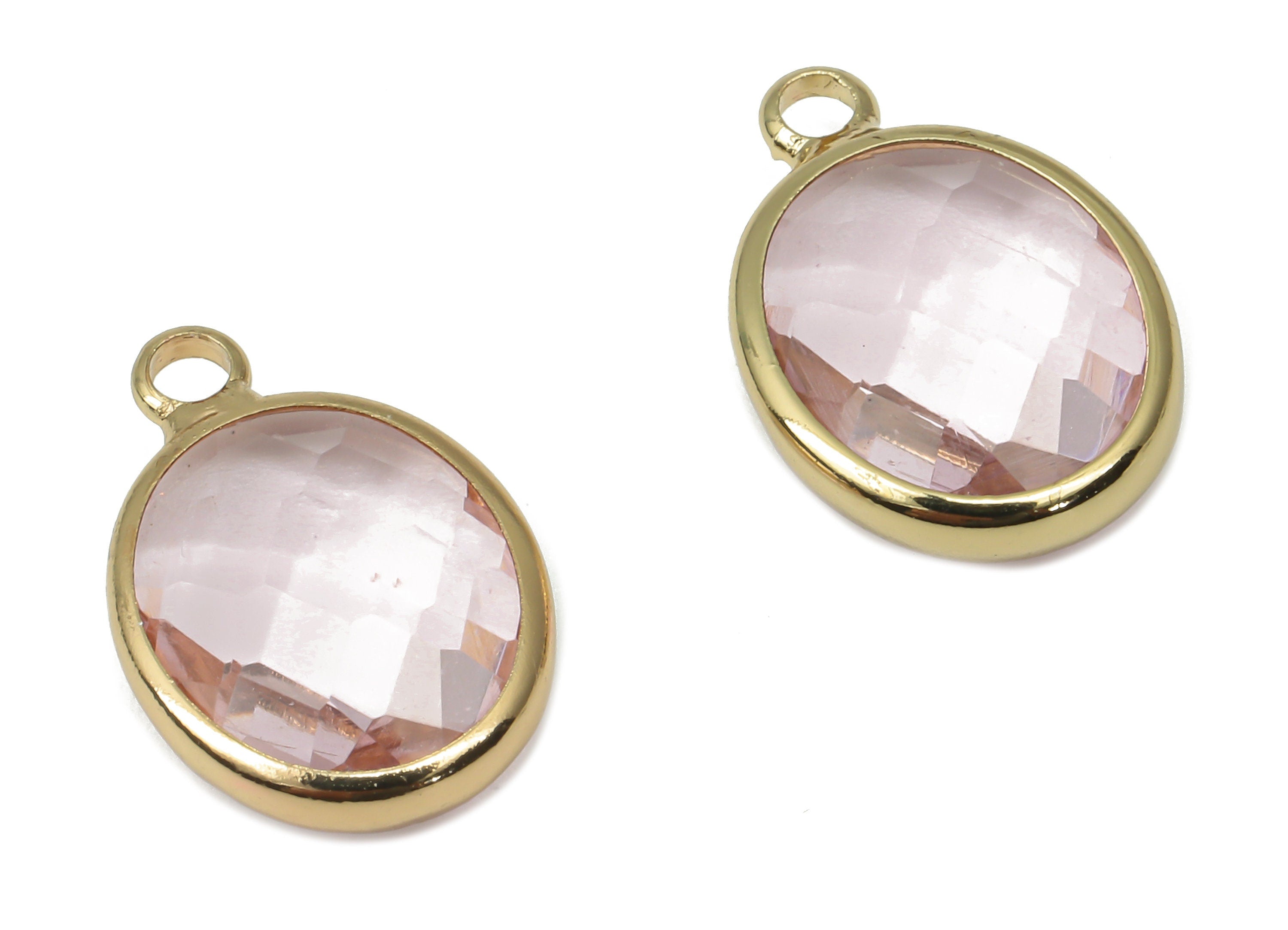 Brass Frame Oval Glass Pendant - Clear Pink Necklace - Charm With Loop - Gold Tone Plating Earring - Faceted Glass - 16.1x10.6x4.4mm-GS1145F - DOMEDBAZAAR