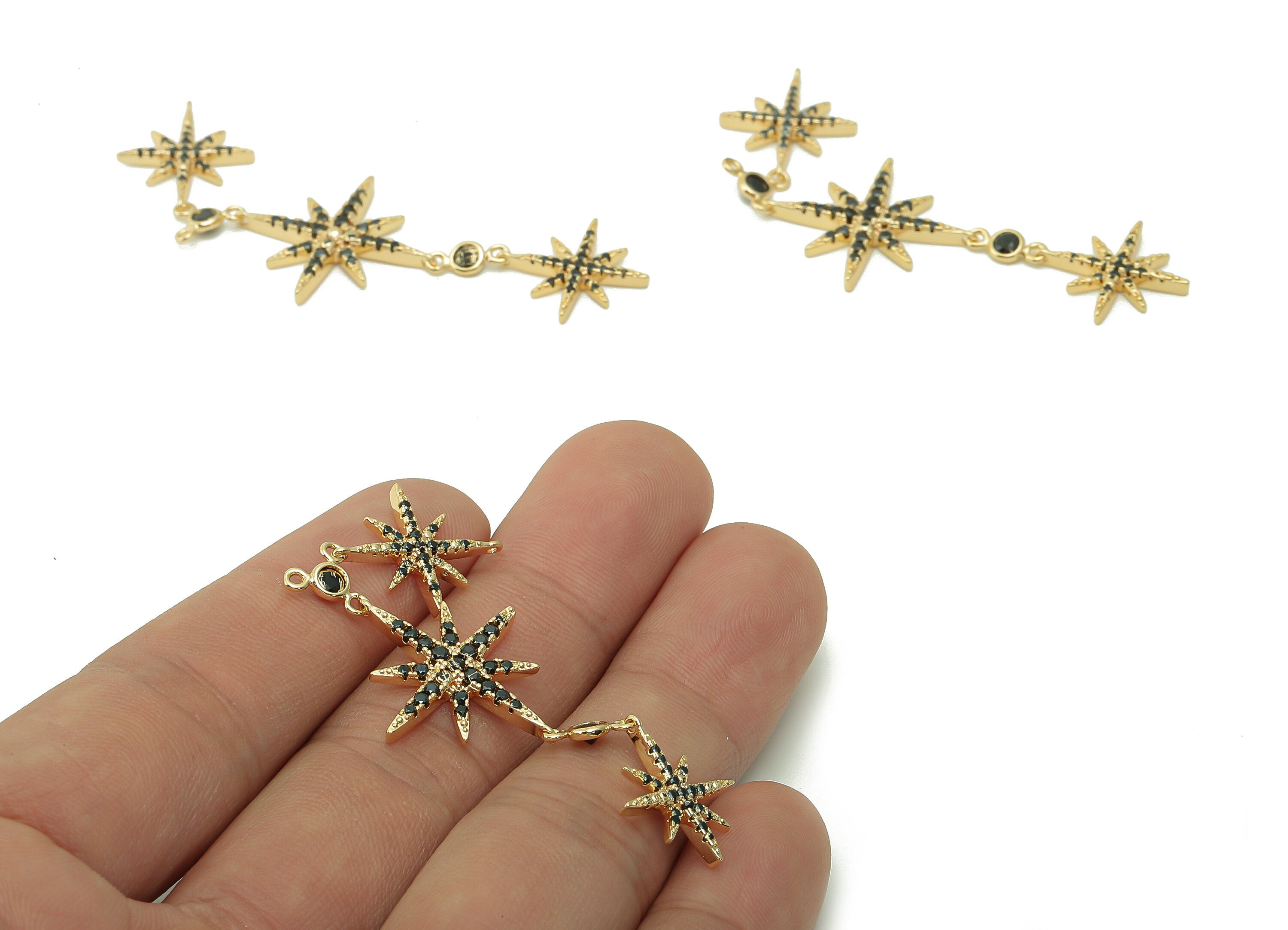 Brass North Star Earring Charm - Gold Hanging Stars Earring - Black Zircon Bracelet With Loop - 18K Real Gold Plating -69.7x20.4x3mm-RGP5395 - DOMEDBAZAAR