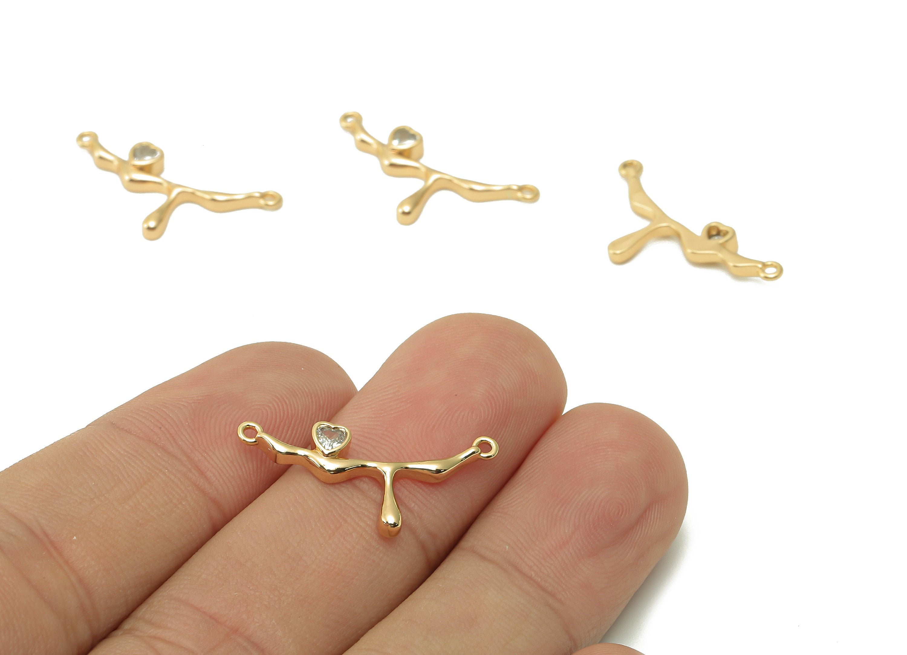 Brass Heart Zircon Earring Connetors - Gold Melting Connector - Pendant With 2 Loops - 18K Real Gold Plating Charm - 24.7x10.9x2.3mm-RGP5398 - DOMEDBAZAAR