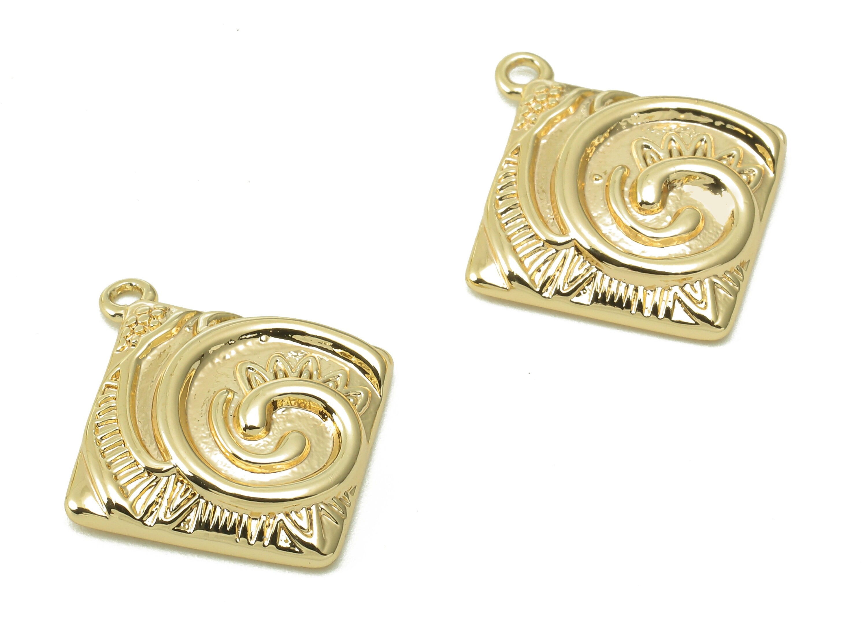 Brass Square Spiral Earring Charm - Gold Flower Earring - Spiral Pendant With Loop - 18K Real Gold Plating Bracelet - 19.6x17.5x3mm -RGP5400 - DOMEDBAZAAR