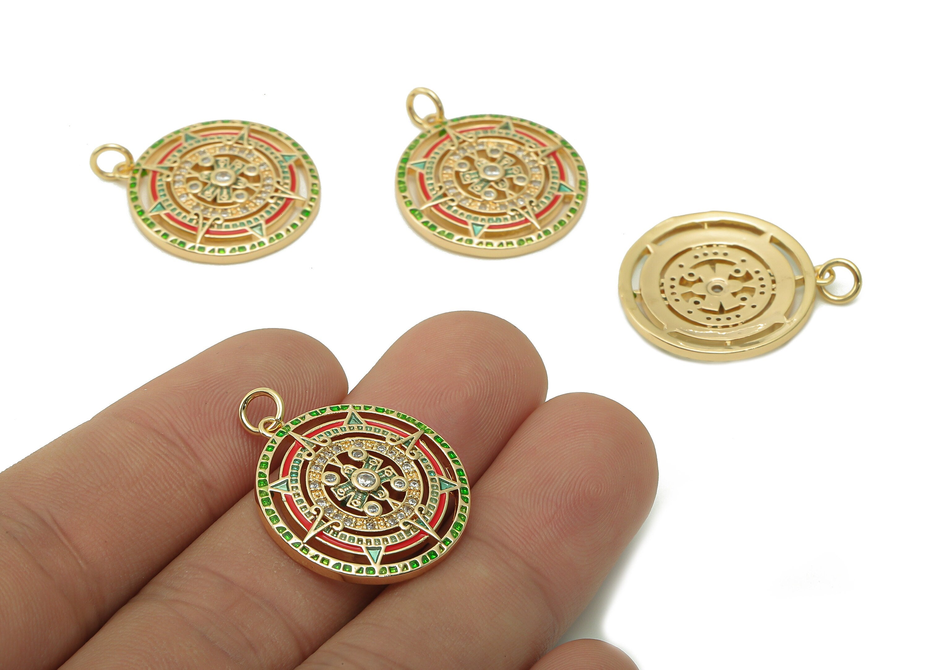 Brass Round Star Charm - Aztec Clock Pendant With Loop - Zircon Enamel Mexican Art Clock - 18K Real Gold Plating - 23.9x22.1x2.6mm - RGP5405 - DOMEDBAZAAR