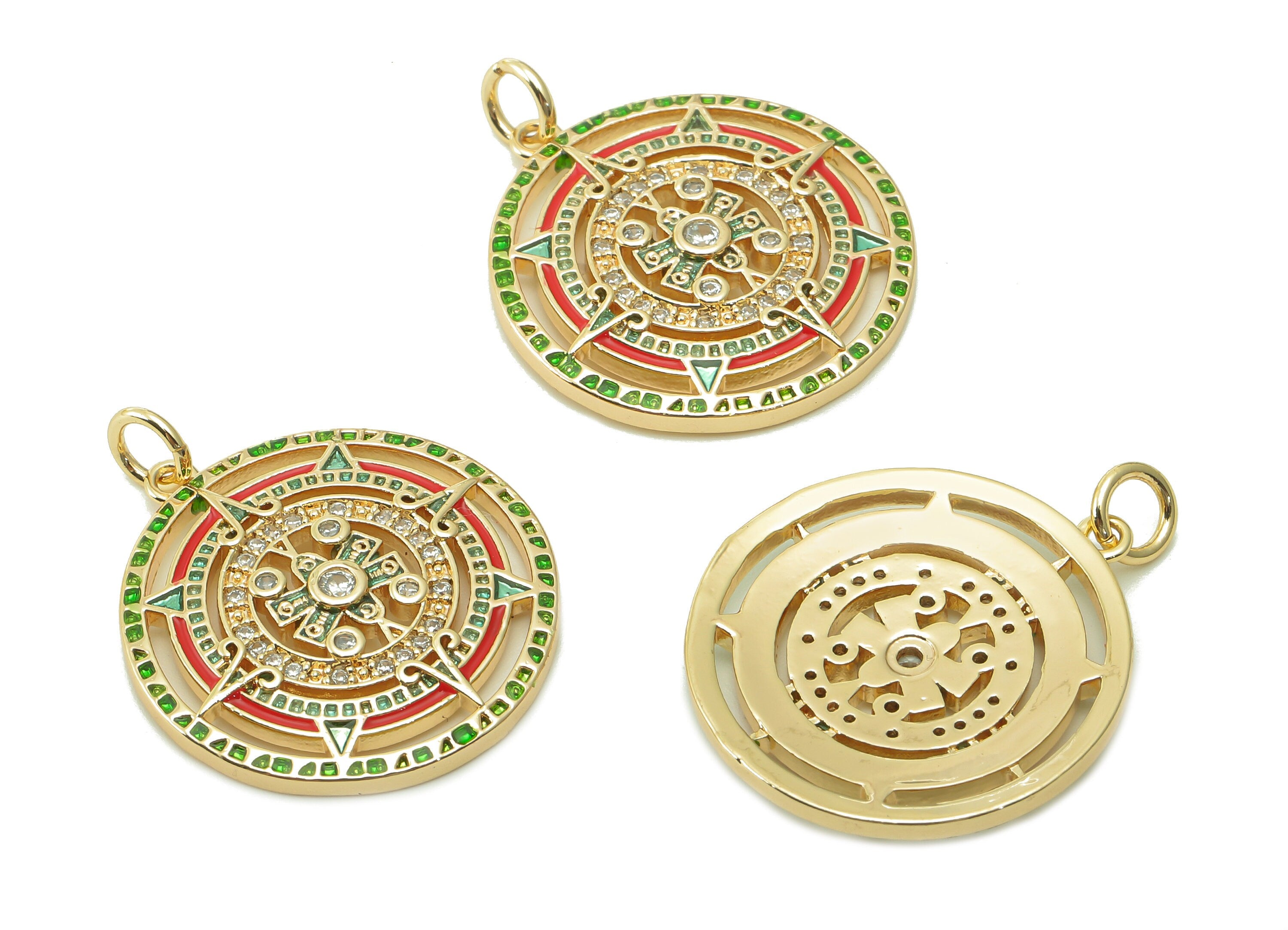 Brass Round Star Charm - Aztec Clock Pendant With Loop - Zircon Enamel Mexican Art Clock - 18K Real Gold Plating - 23.9x22.1x2.6mm - RGP5405 - DOMEDBAZAAR