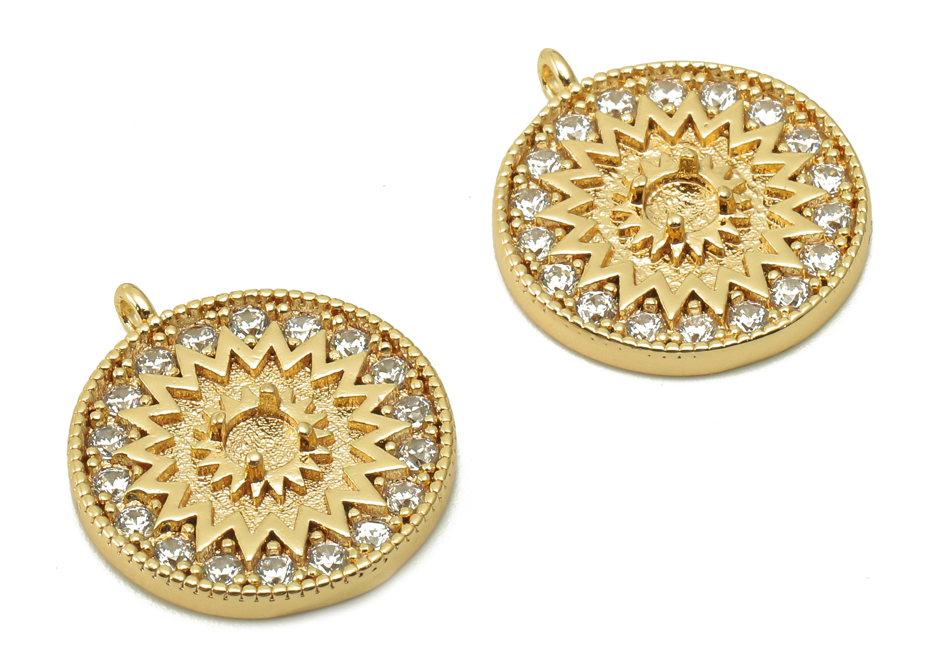 Brass Zig Zag Round Charm - Zircon Gold Flower Sun Earring - Circle Pendant With Loop - 18K Real Gold Plating Charm -17.7x15.6x2.8mm-RGP5407 - DOMEDBAZAAR