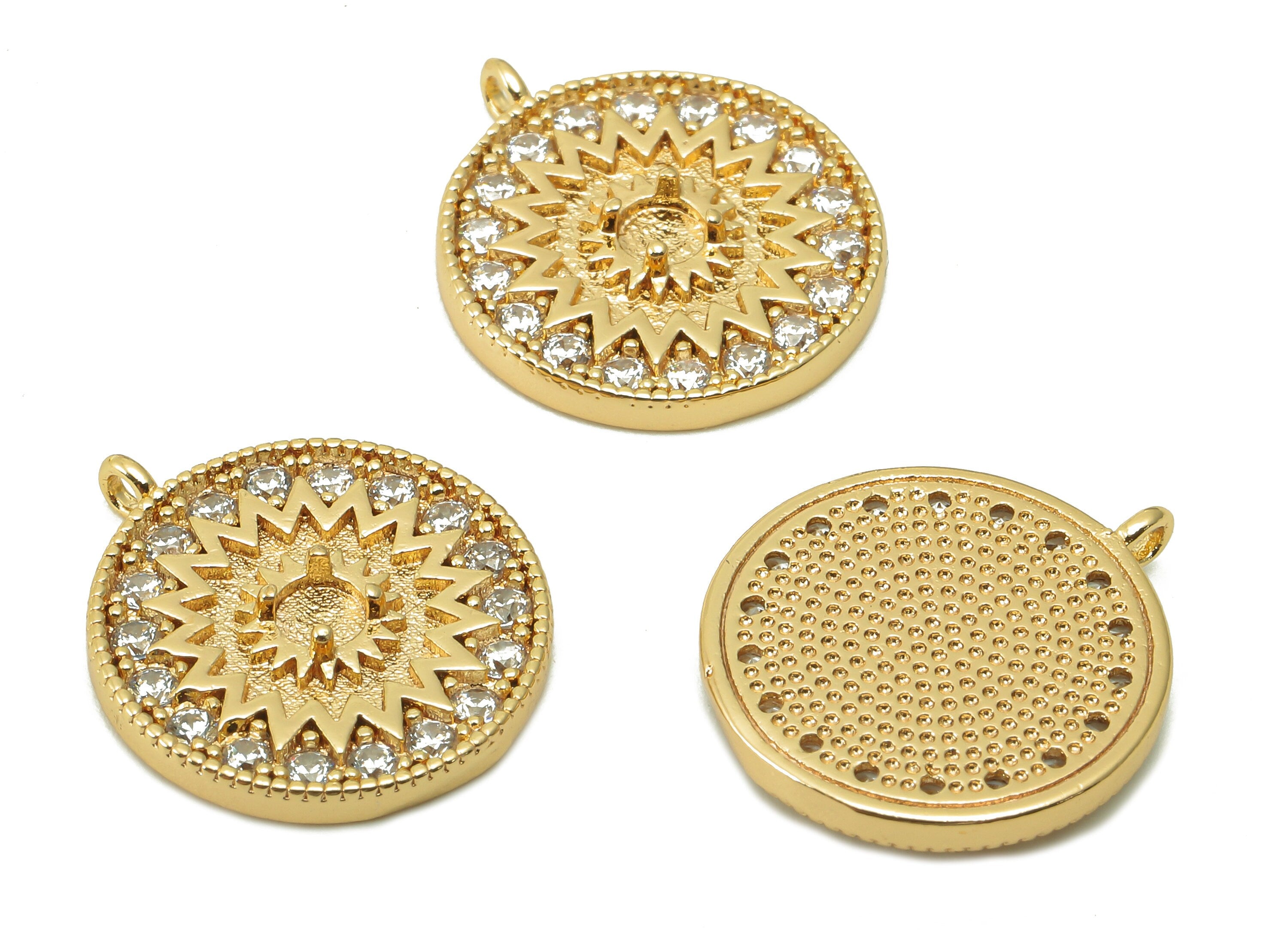 Brass Zig Zag Round Charm - Zircon Gold Flower Sun Earring - Circle Pendant With Loop - 18K Real Gold Plating Charm -17.7x15.6x2.8mm-RGP5407 - DOMEDBAZAAR
