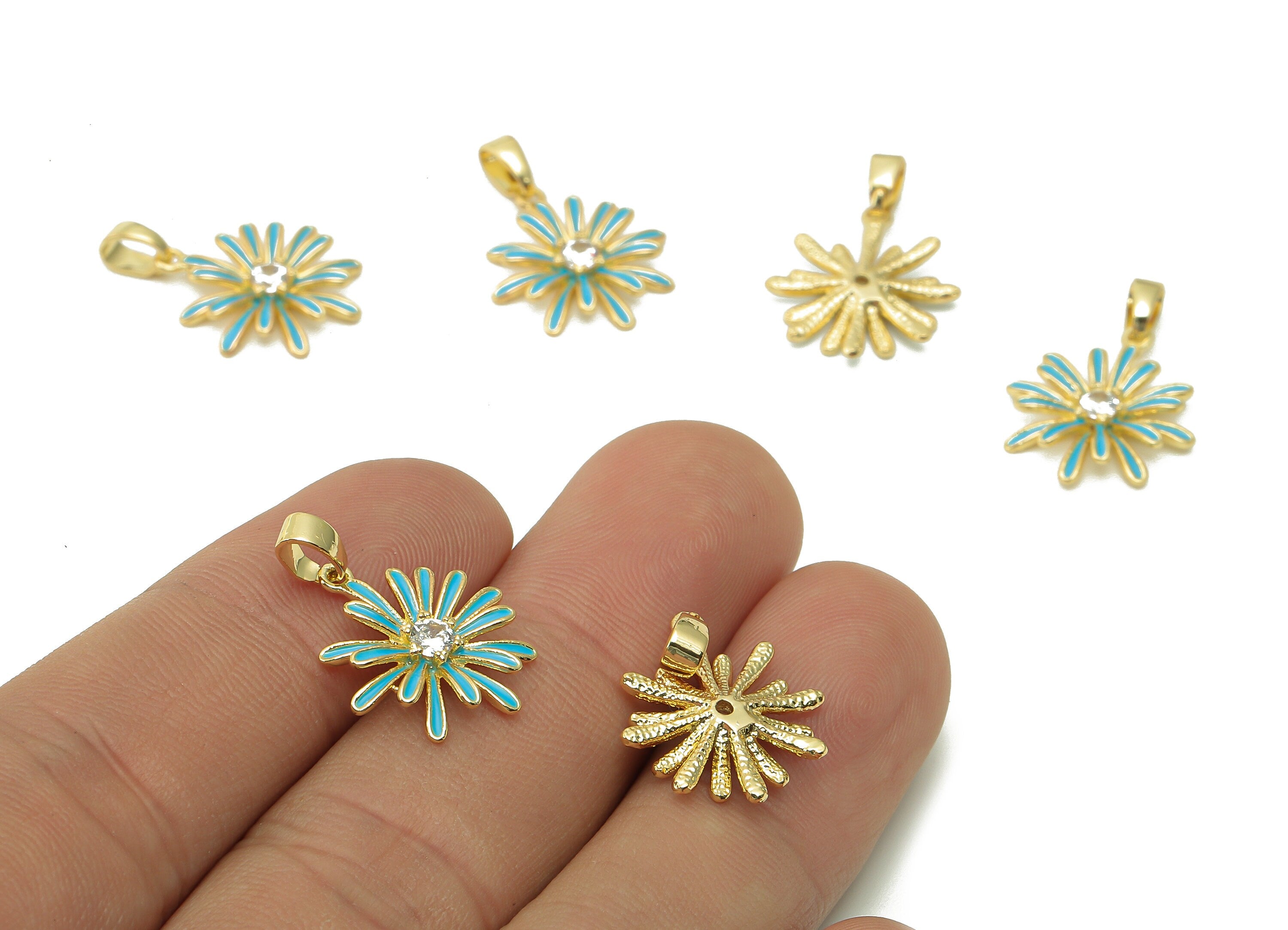 Brass Blue Enamel Flower Pendant - Zircon Daisy Earring With Loop - Charm For Necklace - 18K Real Gold Plating - 17.4x15.1x2.7mm - RGP5421A - DOMEDBAZAAR