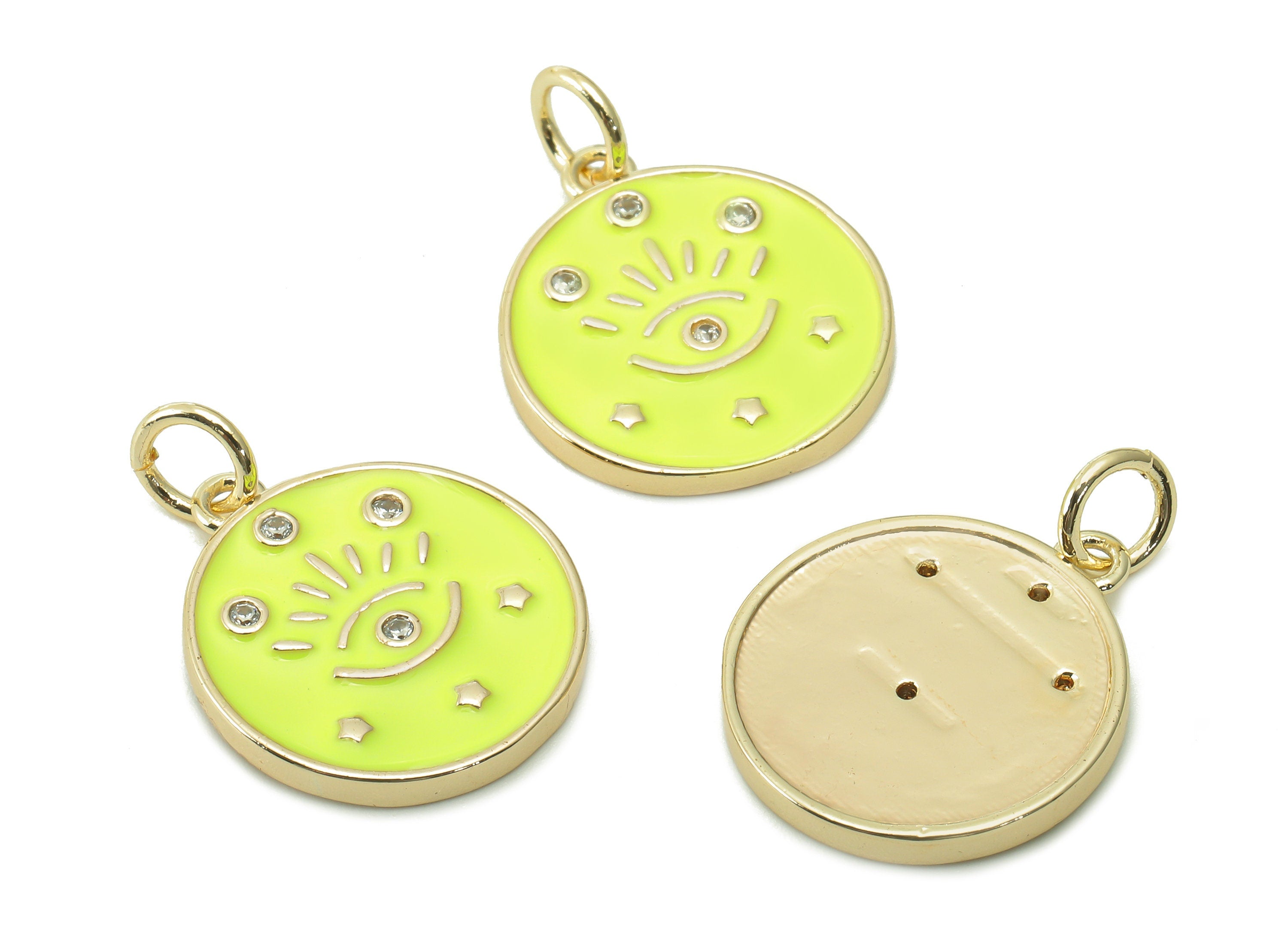 Brass Round Eyelash Pendant - Zircon Eye Bright Yellow Enamel Earring - Star Charm With Loop - 18K Real Gold Plating -17.1x15x1.8mm-RGP5426A - DOMEDBAZAAR