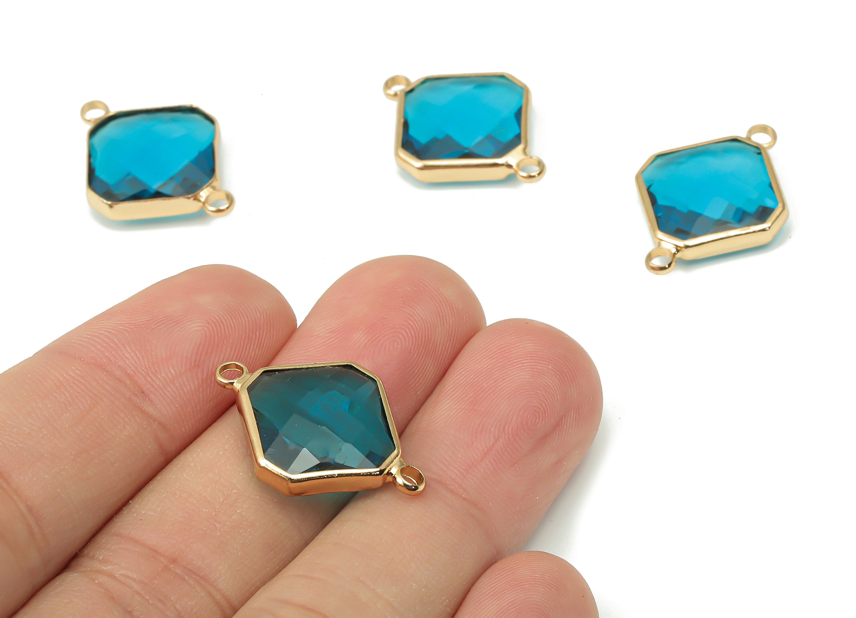 Brass Frame Glass Diamond Connectors - Rhombic Bracelet Charm - Gold Tone Plating - Faceted Clear Blue Glass - 23.9x17.1x5.1mm - GS1148B - DOMEDBAZAAR