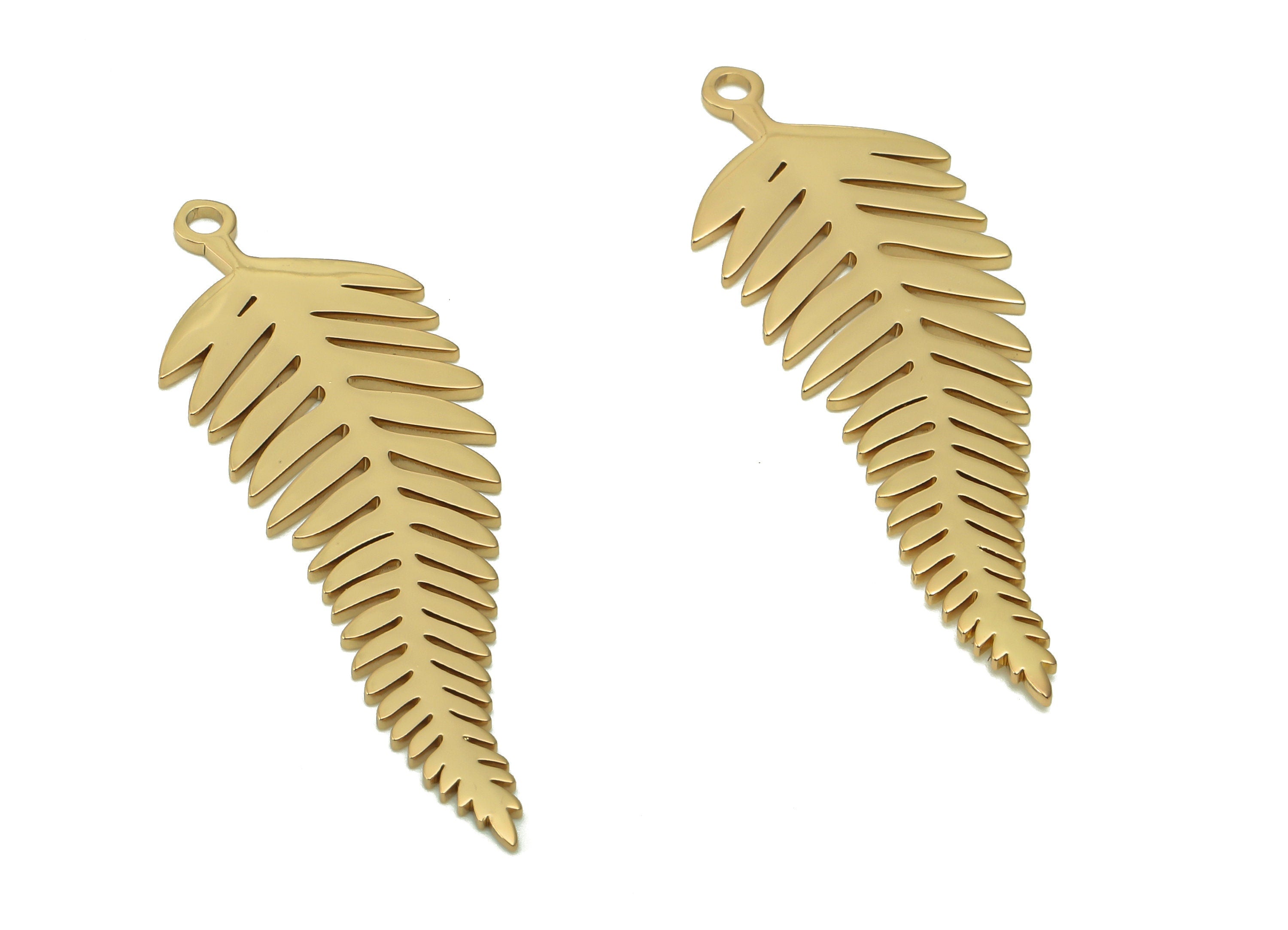 Steel Needle-leaved Earring - Leaf Pendant With Loop - 201 Stainless Steel - 18K Real Gold Plating Sandarac Charm - 39.6x13.4x1.1mm -SS1397G - DOMEDBAZAAR